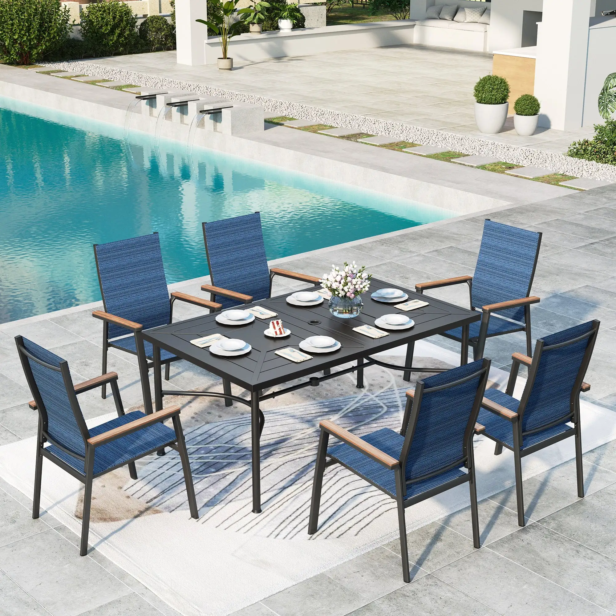 Summit Living 7-Piece Outdoor Patio Dining Set with 6 Stackable Blue Aluminum Armchairs & 1 Black Metal Steel Rectangular Table with Umbrella Hole