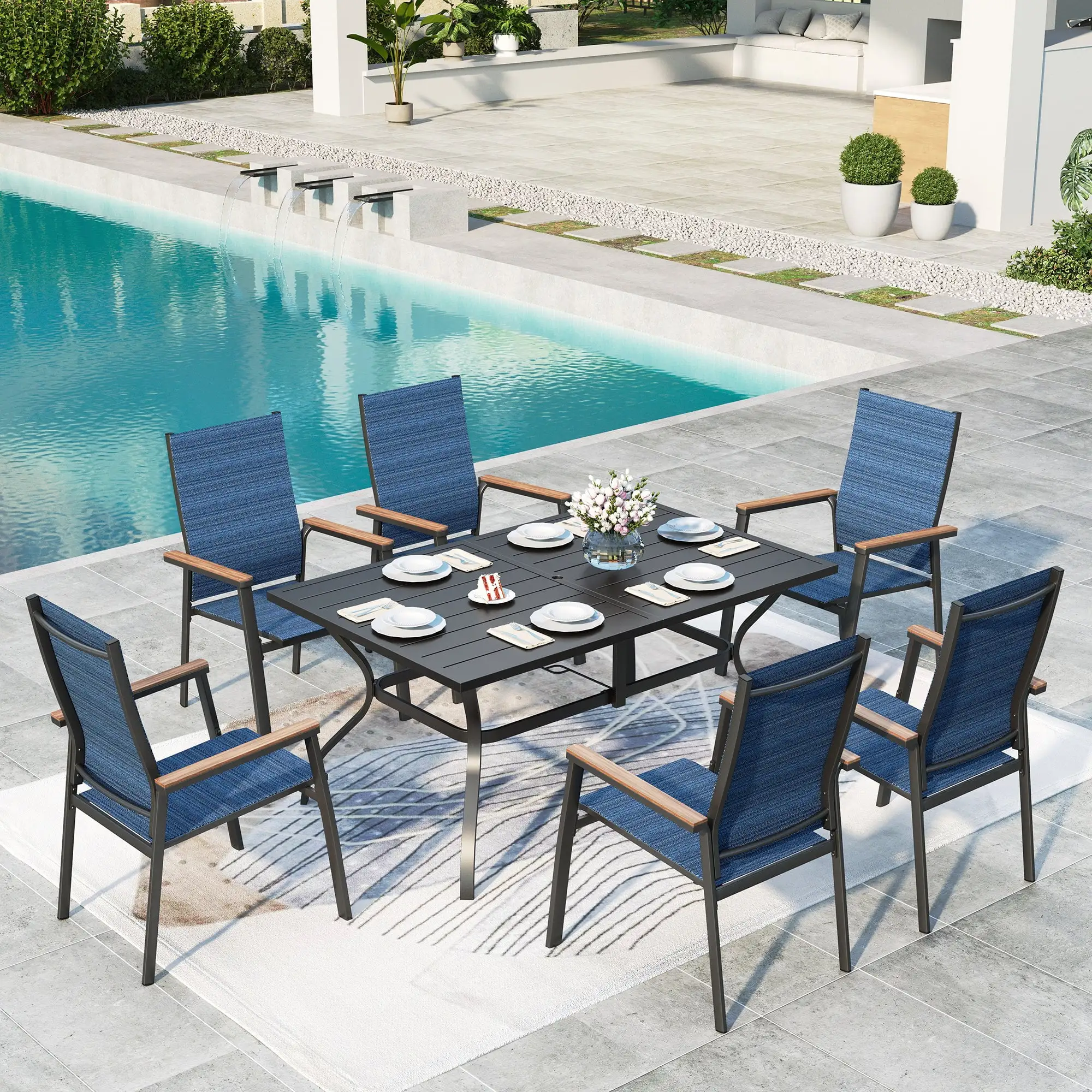 Summit Living 7-Piece Outdoor Patio Dining Set with 6 Stackable Blue Aluminum Armchairs & 1 Black Metal Steel Rectangular Table with Umbrella Hole