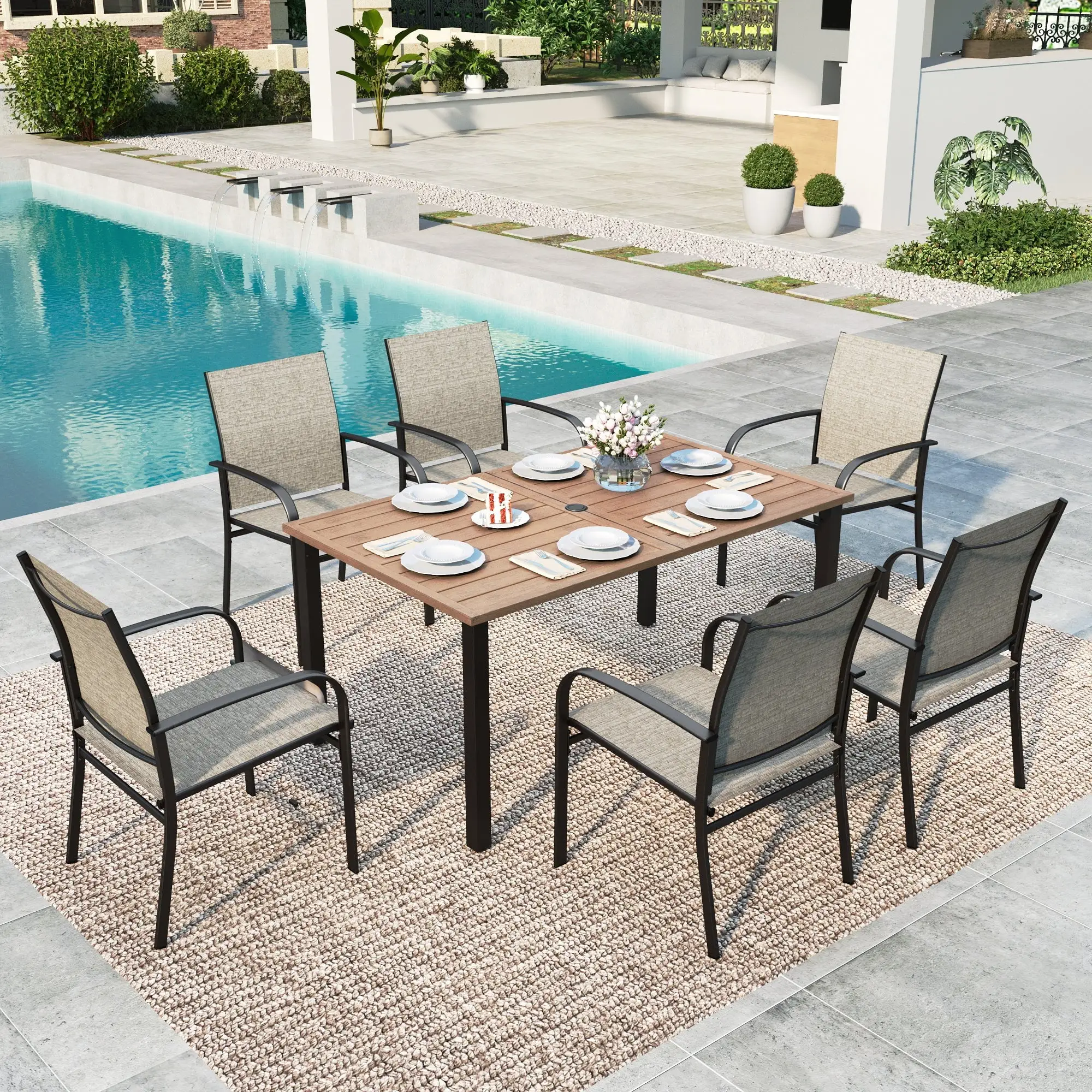 Summit Living 7-Piece Outdoor Patio Dining Set with 6 Textilene Chairs & Rectangular Metal Steel Dining Table with Umbrella Hole. Black & Gray