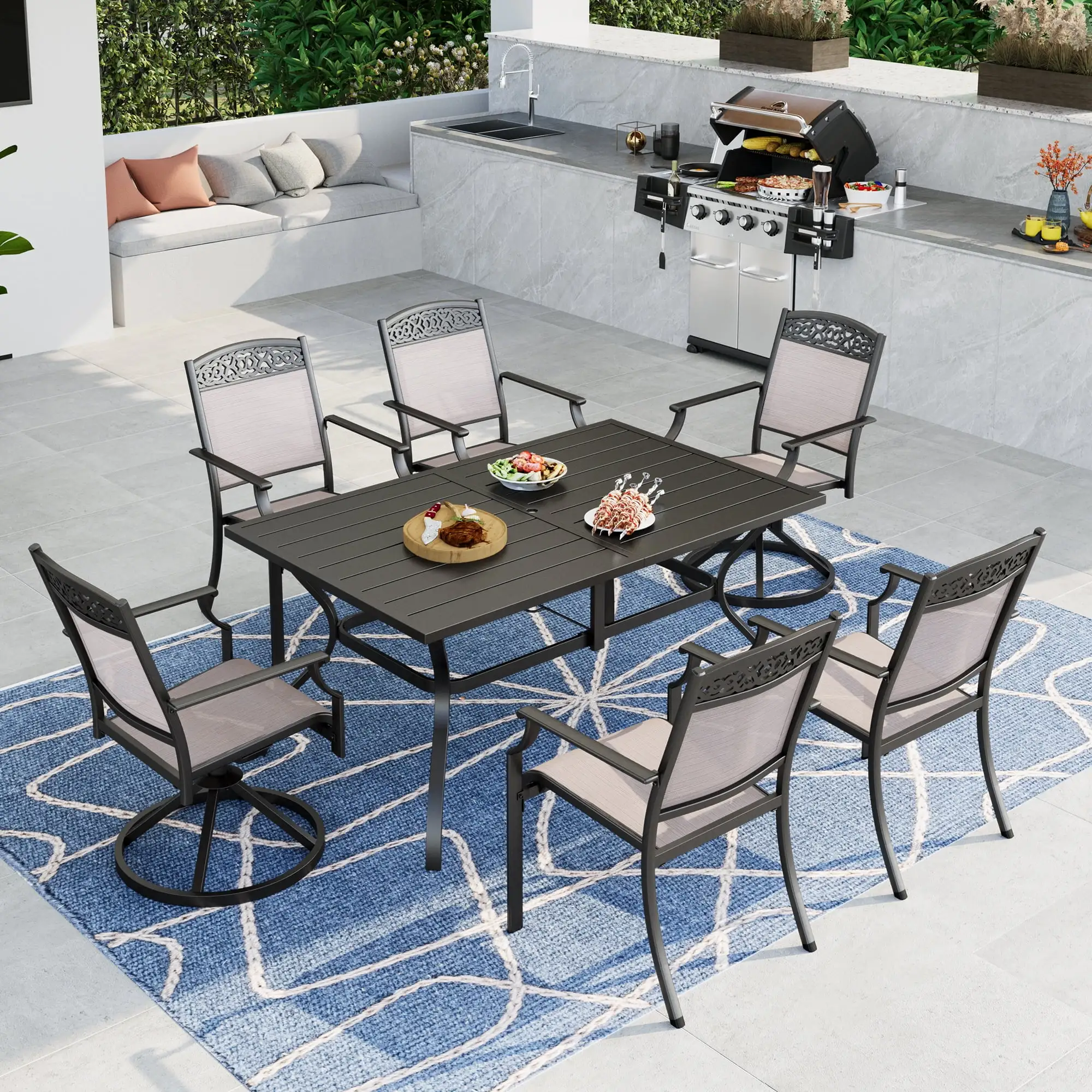 Summit Living 7 Pieces Aluminum Outdoor Patio Dining Set with 6 Aluminum Chairs and 1 Metal Steel Table.Black&Beige