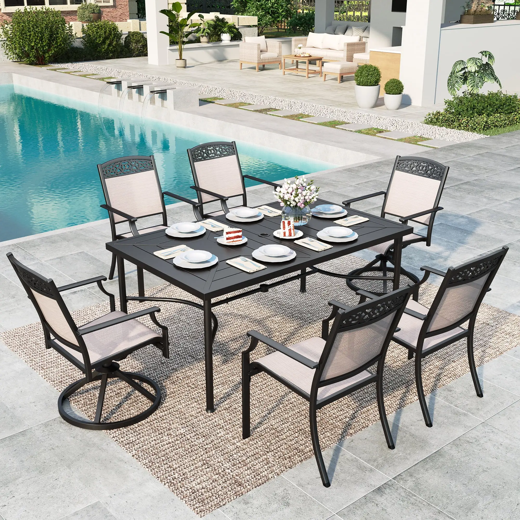 Summit Living 7 Pieces Aluminum Outdoor Patio Dining Set with 6 Aluminum Sling Chairs and 1 Metal Steel Table.Black&Beige