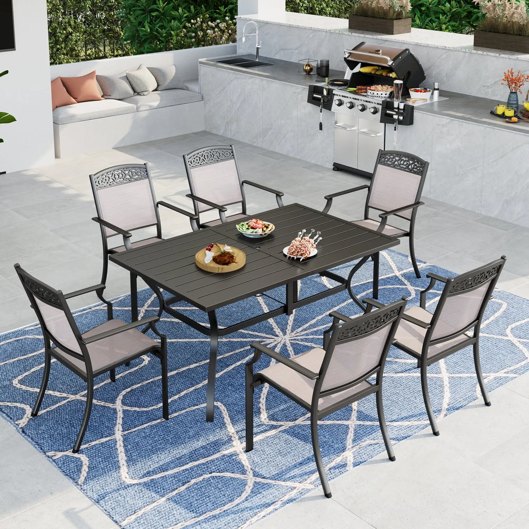 Summit Living 7 Pieces Outdoor Patio Dining Set with 6 Aluminum Stackable Chairs and 1 Metal Steel Table.Black&Beige