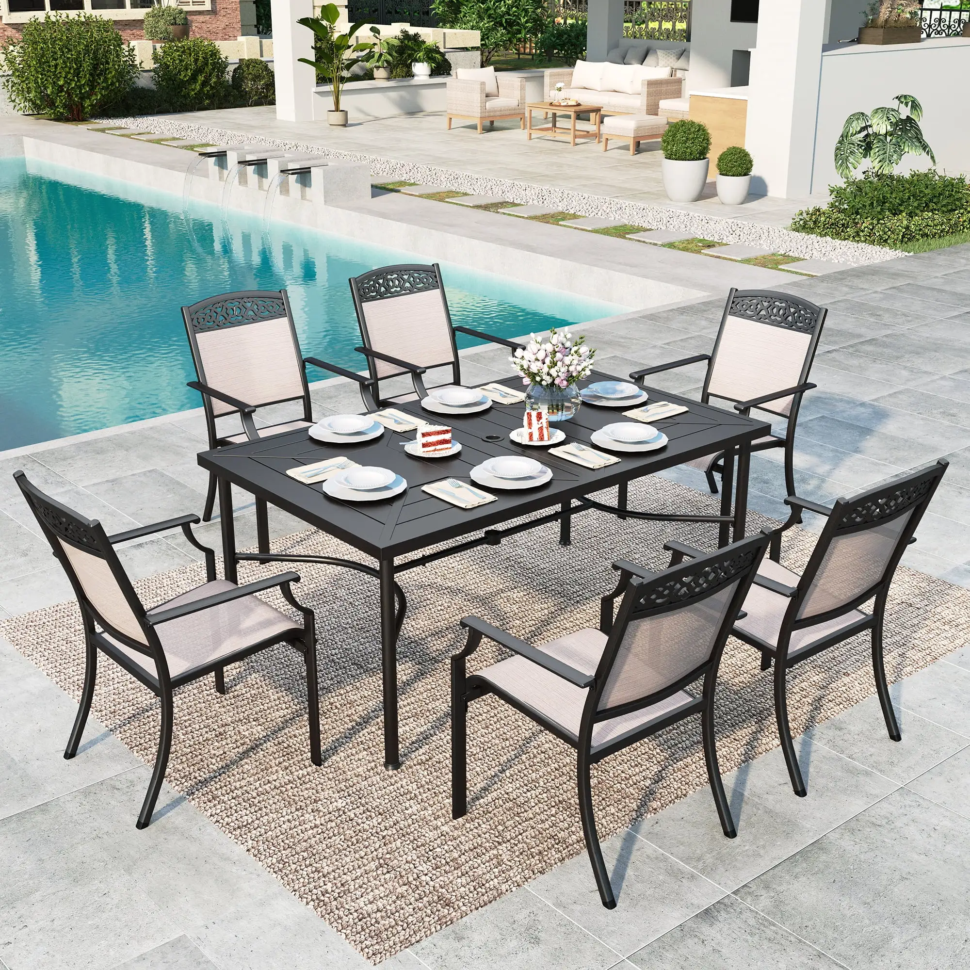 Summit Living 7 Pieces Outdoor Patio Dining Set with 6 Aluminum Stackable Chairs and 1 Metal Steel Table.Black&Beige