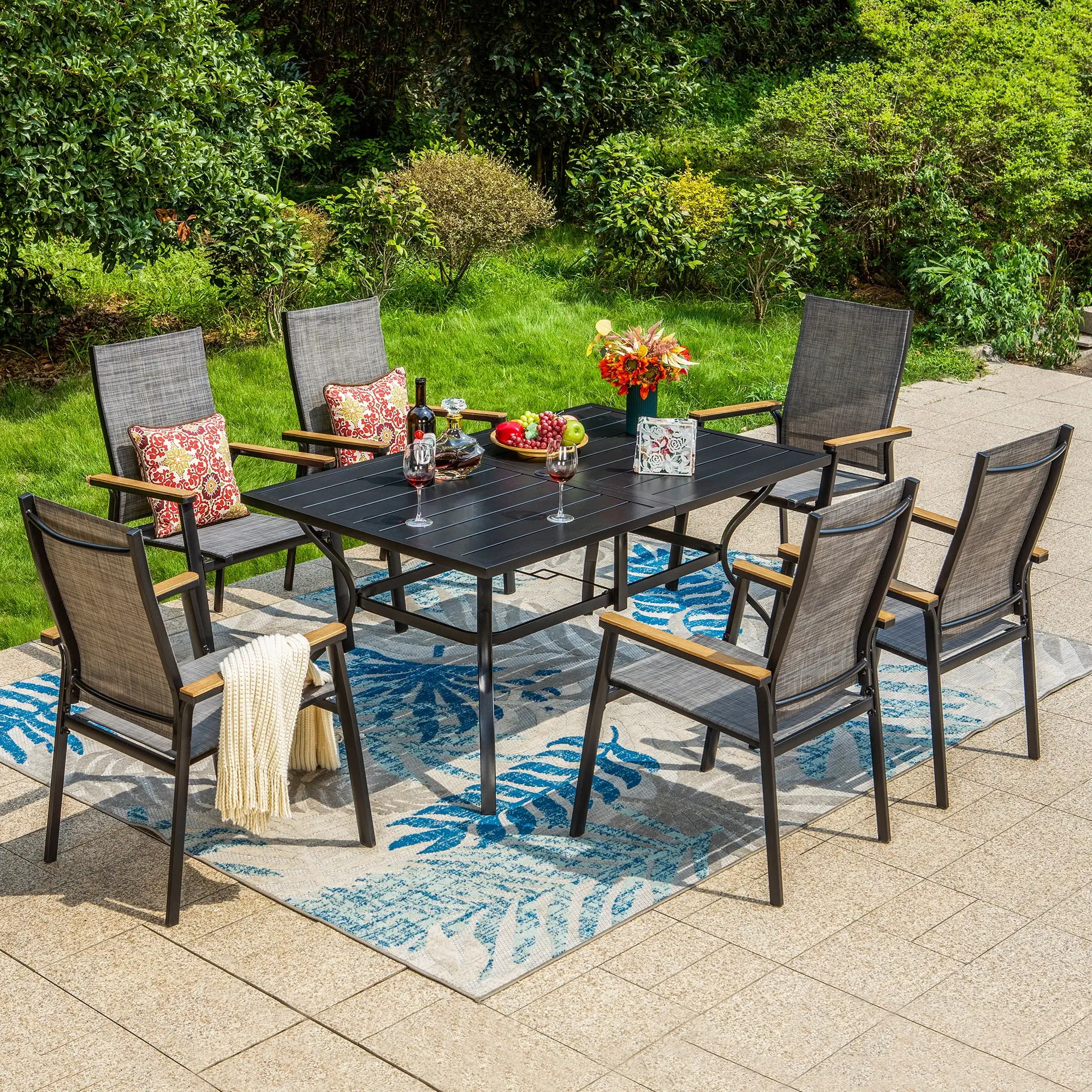 Summit Living 7 Pieces Outdoor Patio Dining Set with 6 Pieces Aluminum Stackable Armchairs & 1 Piece Metal Steel Table.Black