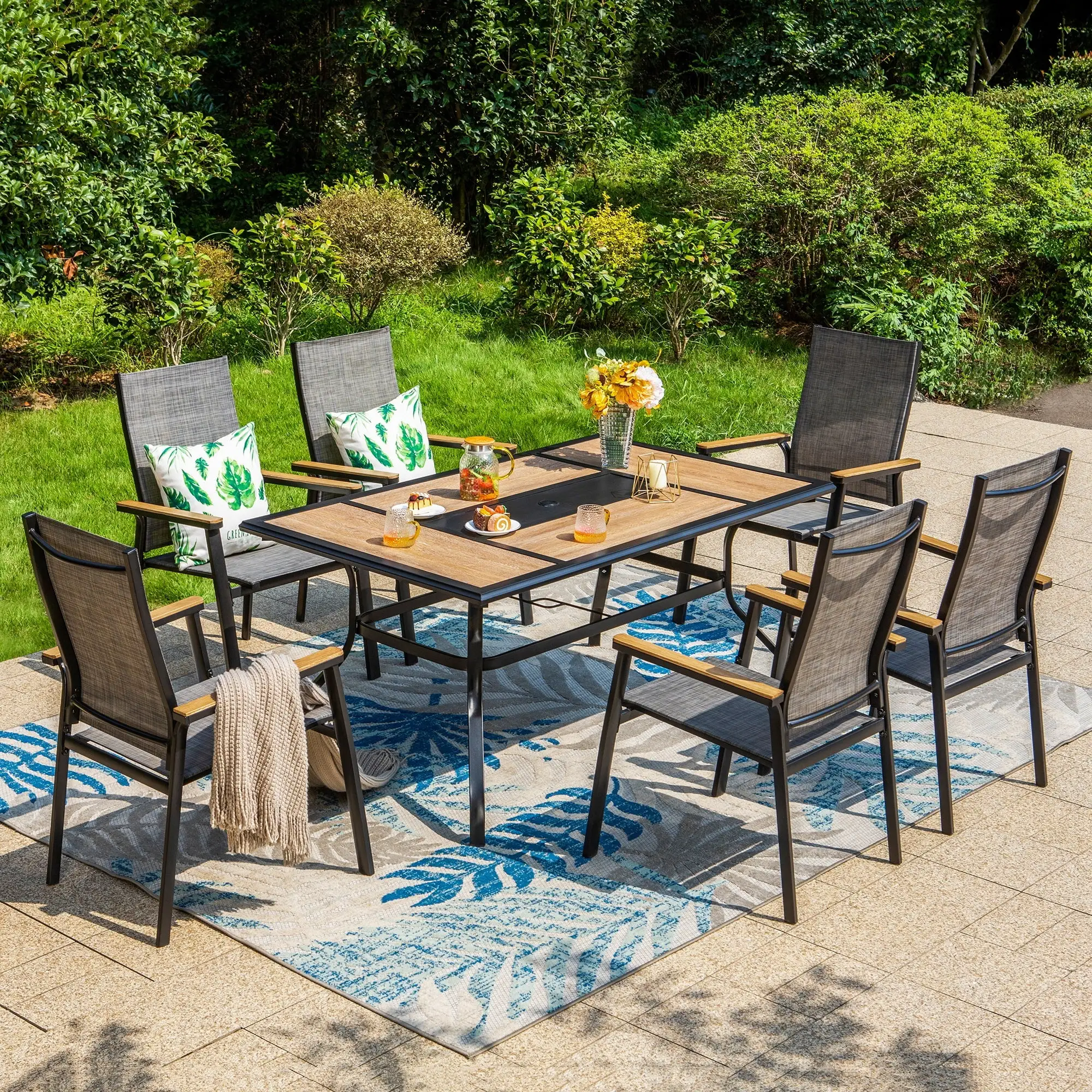 Summit Living 7 Pieces Outdoor Patio Dining Set with 6 Pieces Aluminum Stackable Chairs and 1 Piece Metal Table Wood Table Top.Black&Gray