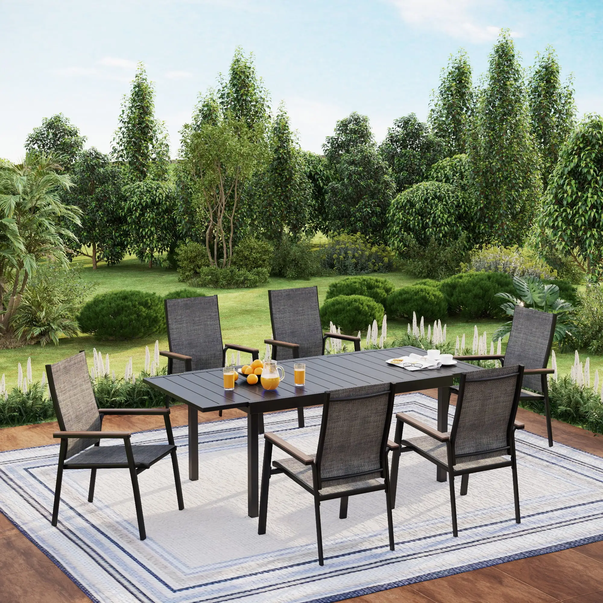 Summit Living 7 Pieces Outdoor Patio Dinning Set with 6 Aluminum Stackable Chairs and 1 Metal Extendable Table for 6 Person.Black&Gray