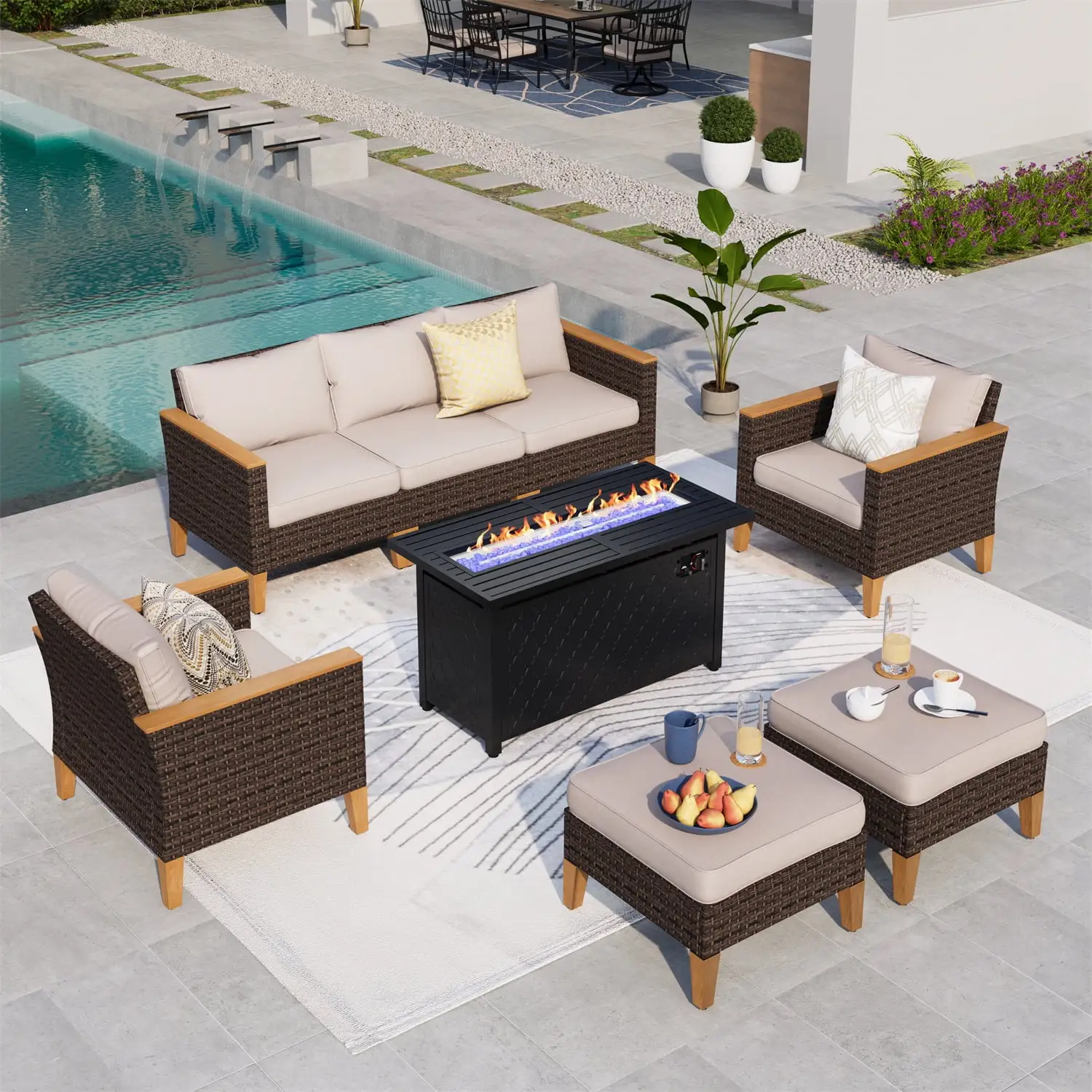 Summit Living 8 Pieces Outdoor Patio Furniture Set with 45-Inch Fire Pit Table Wicker Patio Conversation Set. Beige