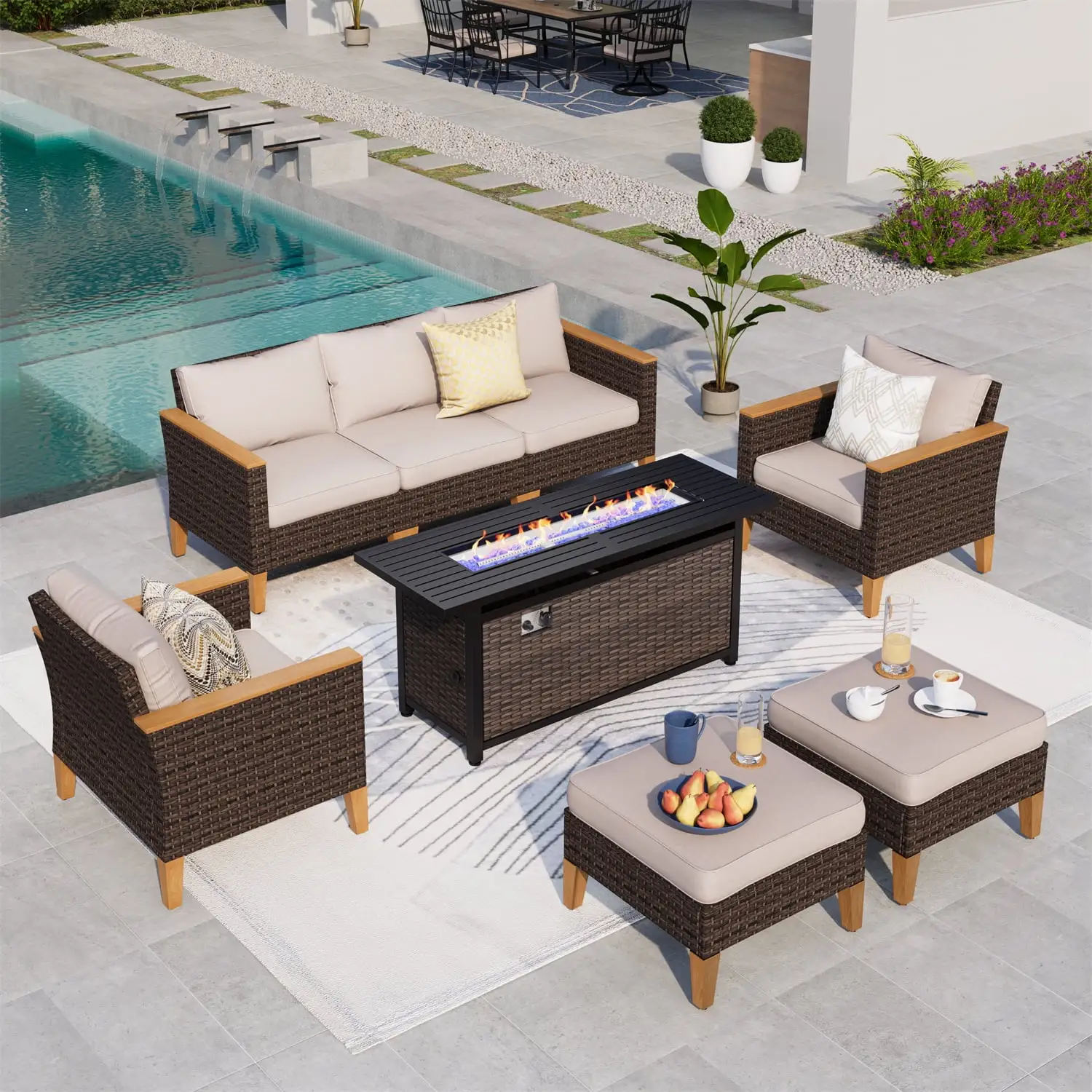 Summit Living 8 Pieces Outdoor Patio Furniture Set with 56-Inch Fire Pit Table Wicker Patio Conversation Set. Beige