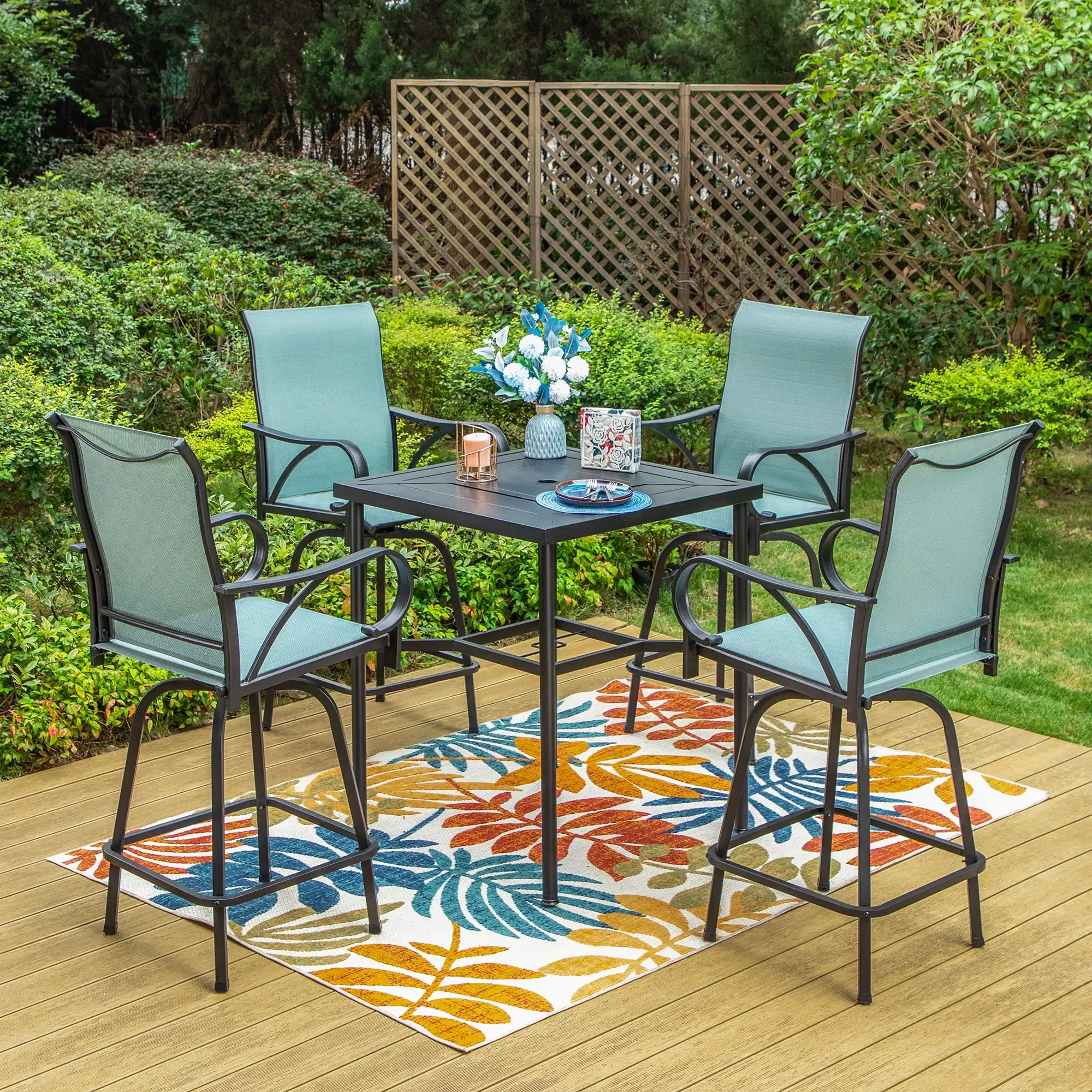 Summit Living Outdoor Patio Swivel Bar Stool Dining Set of 5.4 High-Back Metal Bar Chairs and 1 Bistro Bar Table.Black&Aqua