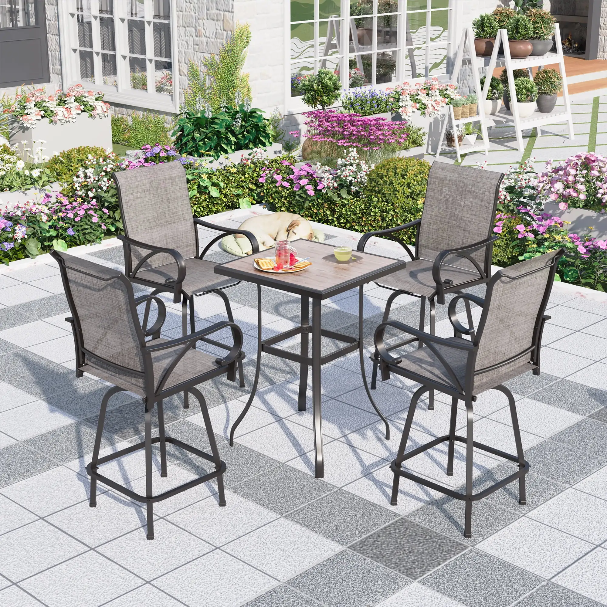 Summit Living Outdoor Swivel Bar Stool Dining Set of 5.4 Patio Counter Height Metal Chairs and 1 Metal Bar Bistro Table.Black&Grey