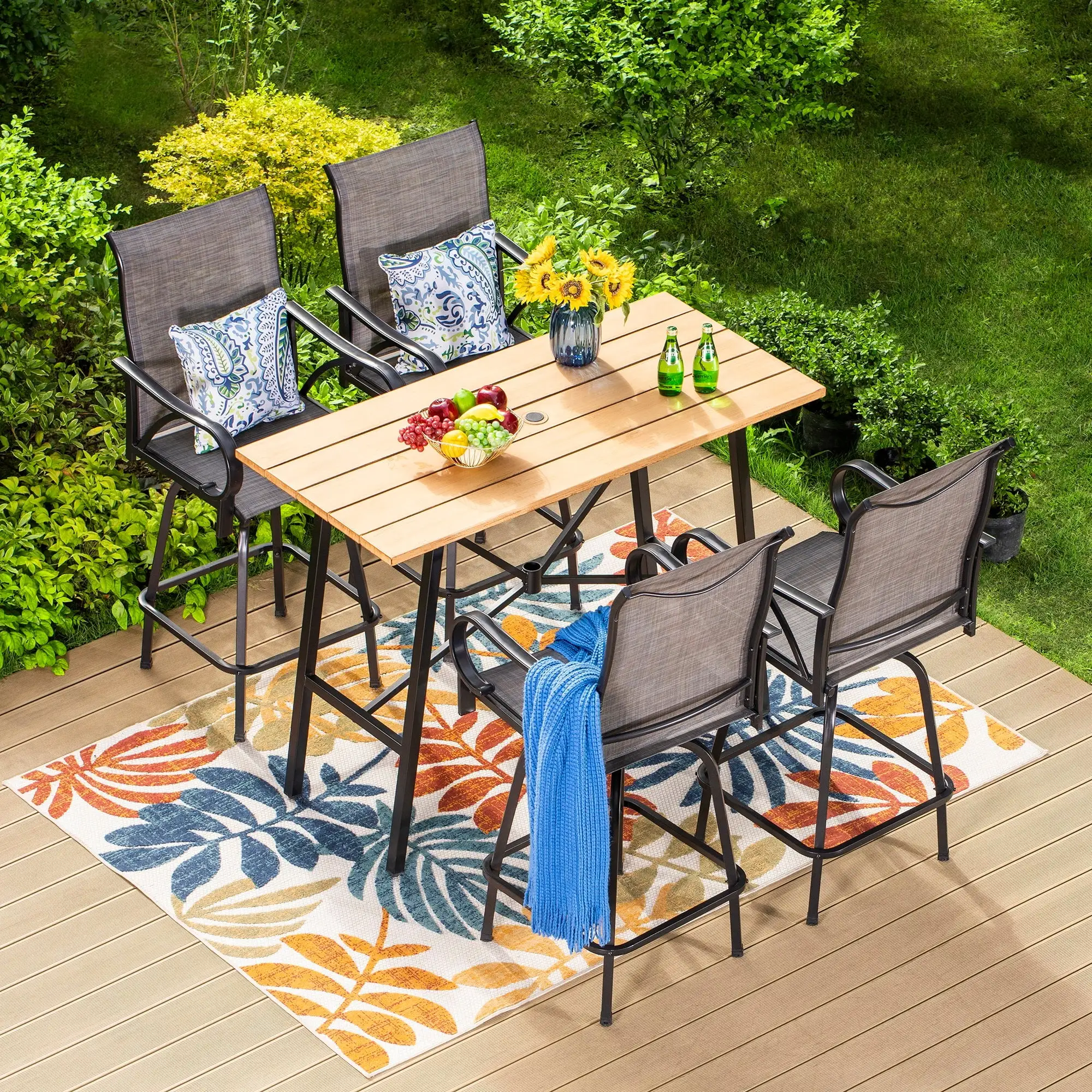 Summit Living Outdoor Swivel Bar Stool Dining Set of 5. 4 Patio Counter Height Textilene Chairs and 1 Metal Bar Table. Black&Grey