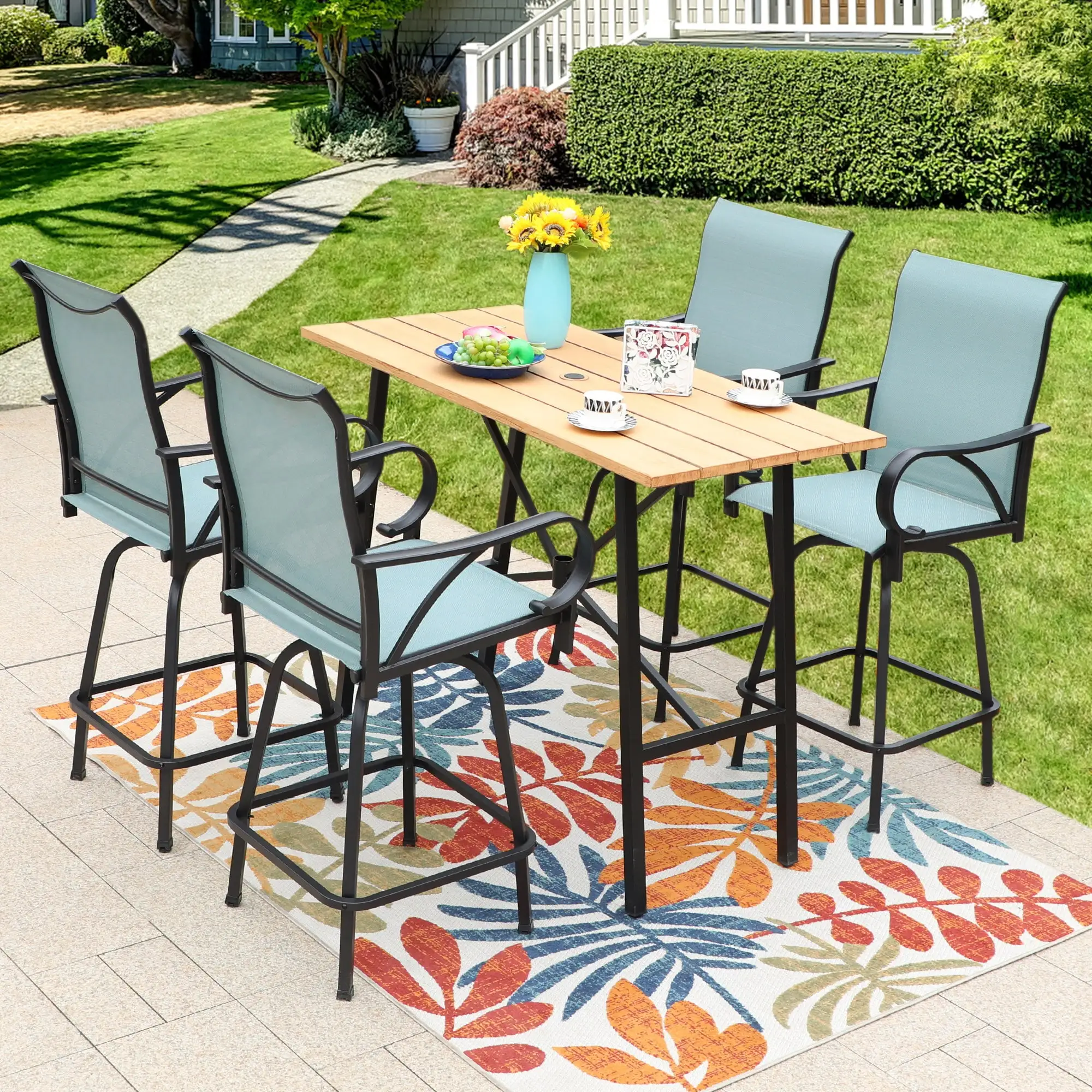 Summit Living Outdoor Swivel Bar Stool Dining Set of 5. 4 Patio High-Back Height Chairs and 1 Metal Bar Table. Black & Aqua