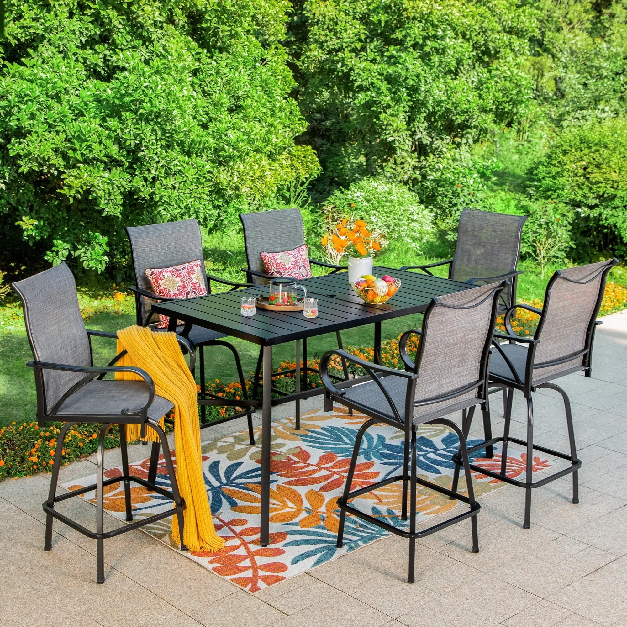 Summit Living Outdoor Swivel Bar Stool Dining Set of 7. 6 Metal Patio Counter Height Chairs and 1 Metal Bar Table. Black&Grey