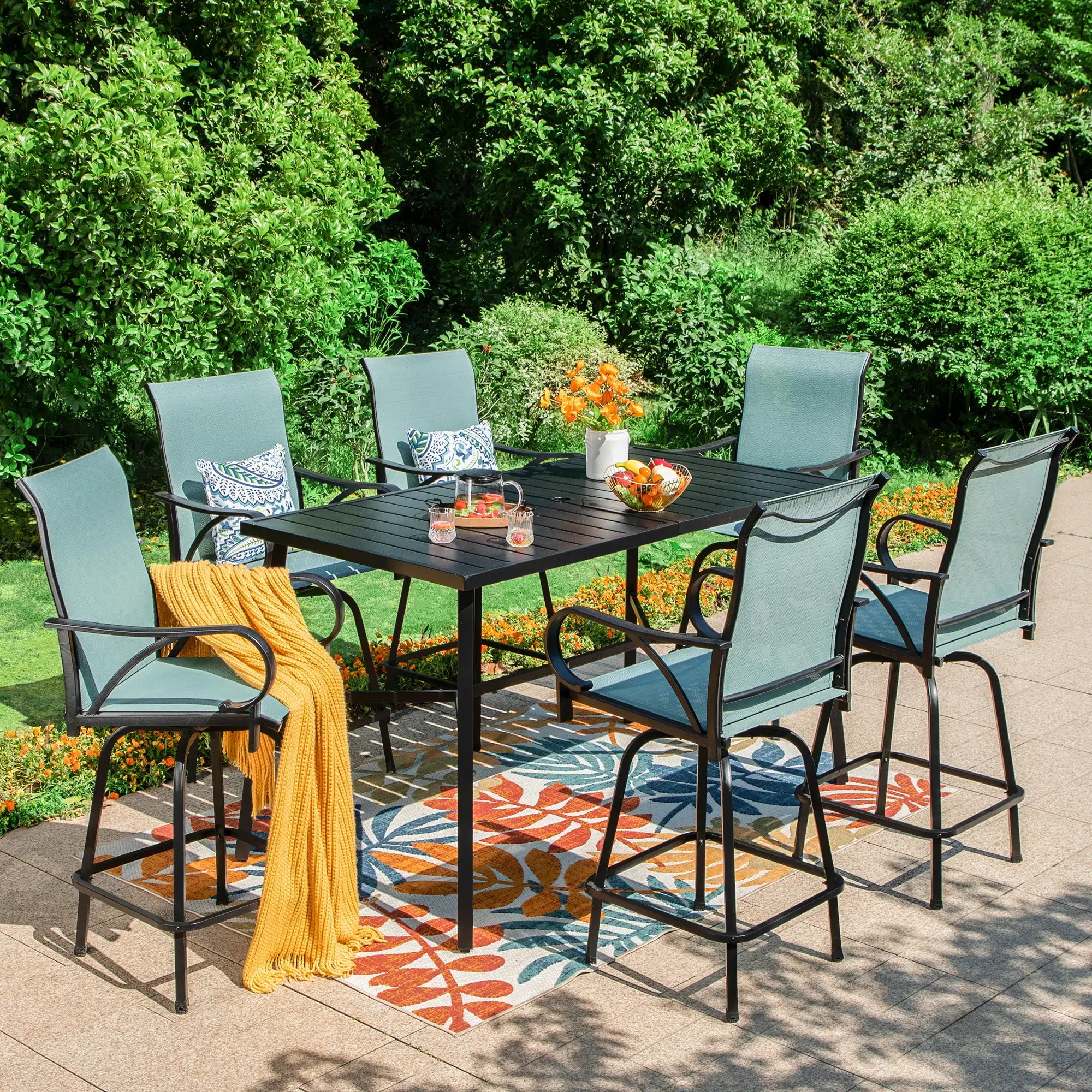 Summit Living Outdoor Swivel Bar Stool Dining Set of 7. 6 Metal Patio Counter Height Textilene Chairs and 1 Metal Bar Table. Black&Aqua