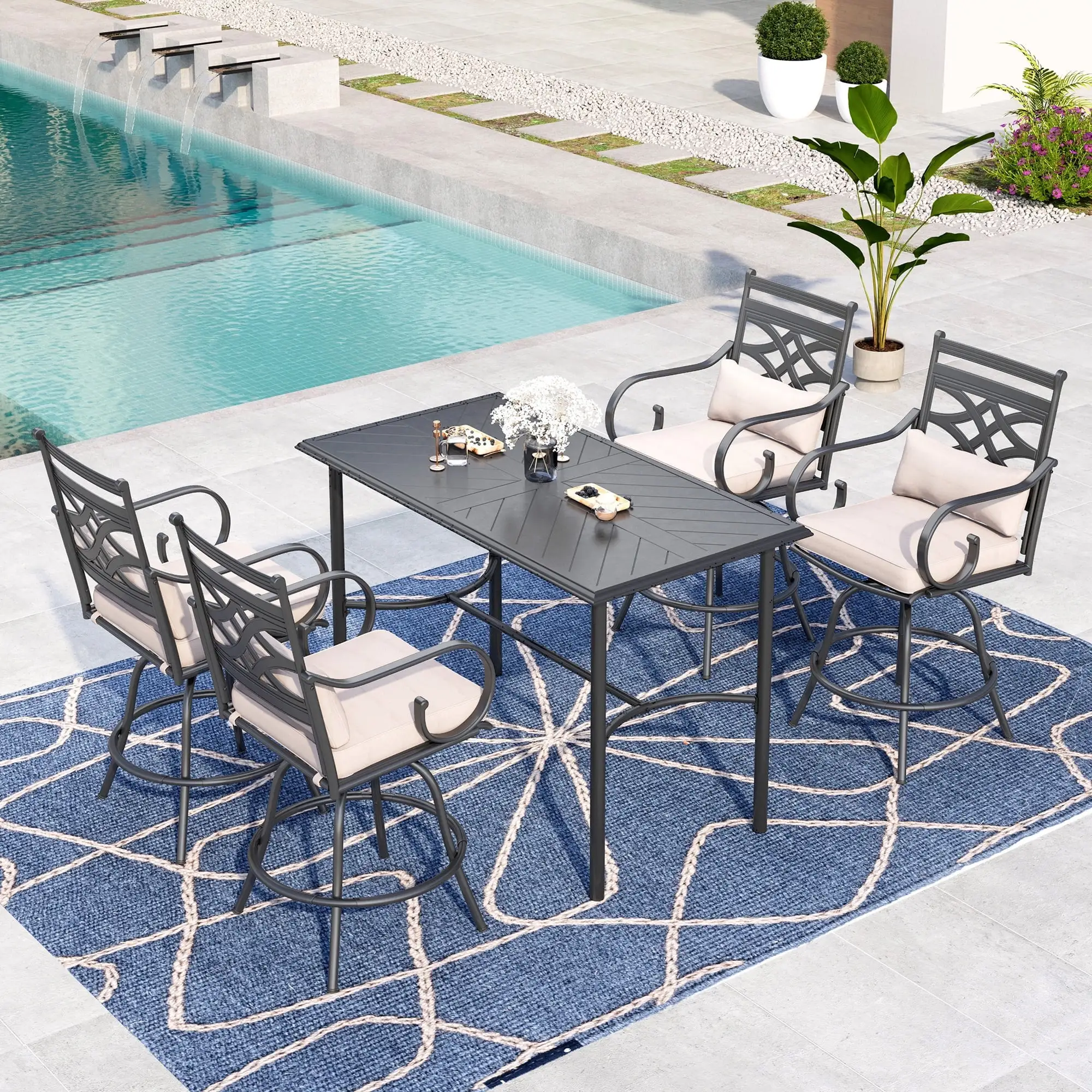 Summit Living Outdoor Swivel Bar Stool Set of 5. 4 Patio Barstool Height Chairs with Cushion&Backrest and 1 Metal Steel Bar Table.Black&Beige