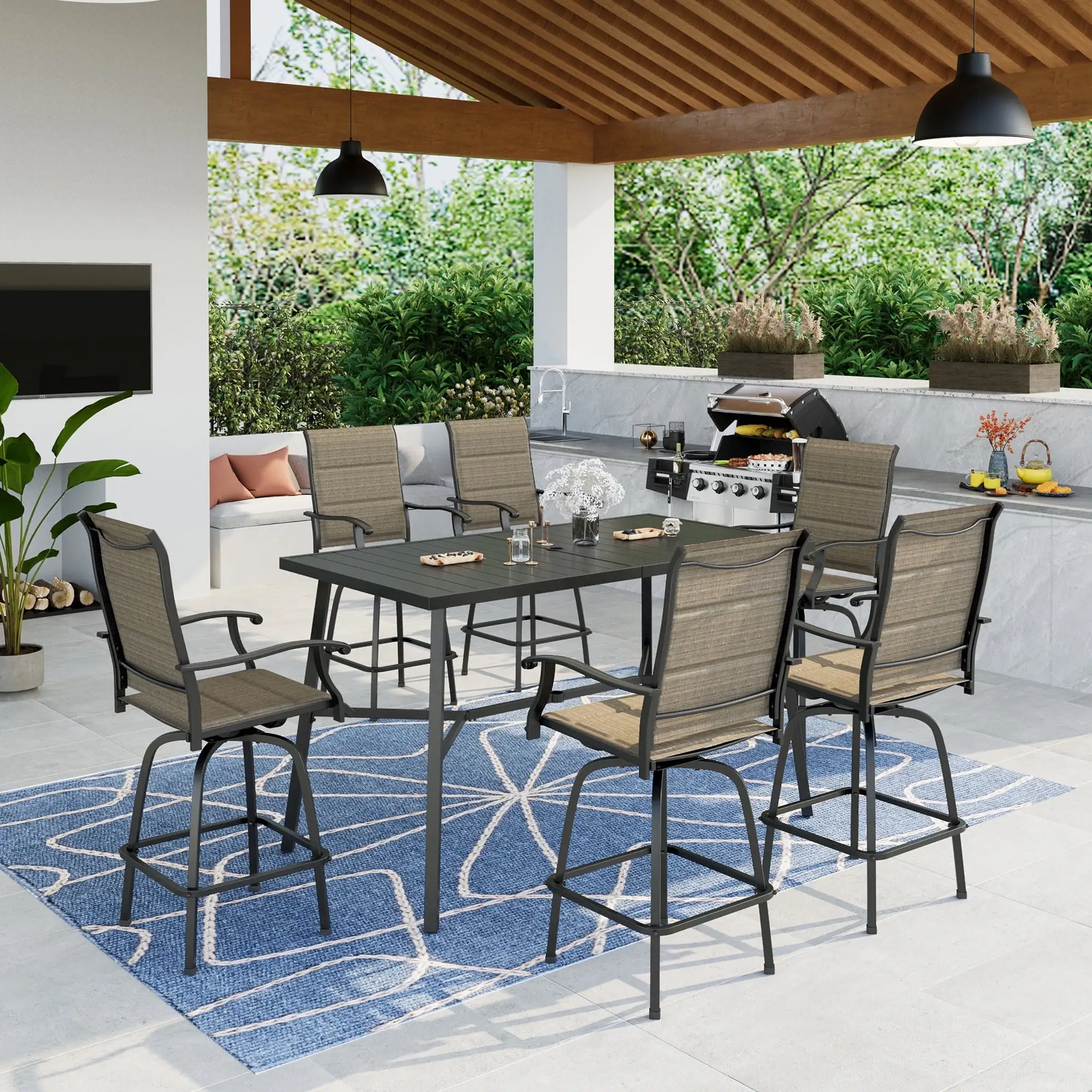 Summit Living Outdoor Swivel Bar Stool Set of 7. 6 Patio High-Back Padded Textilene Height Chairs and 1 Metal Bar Table.Black&Brown