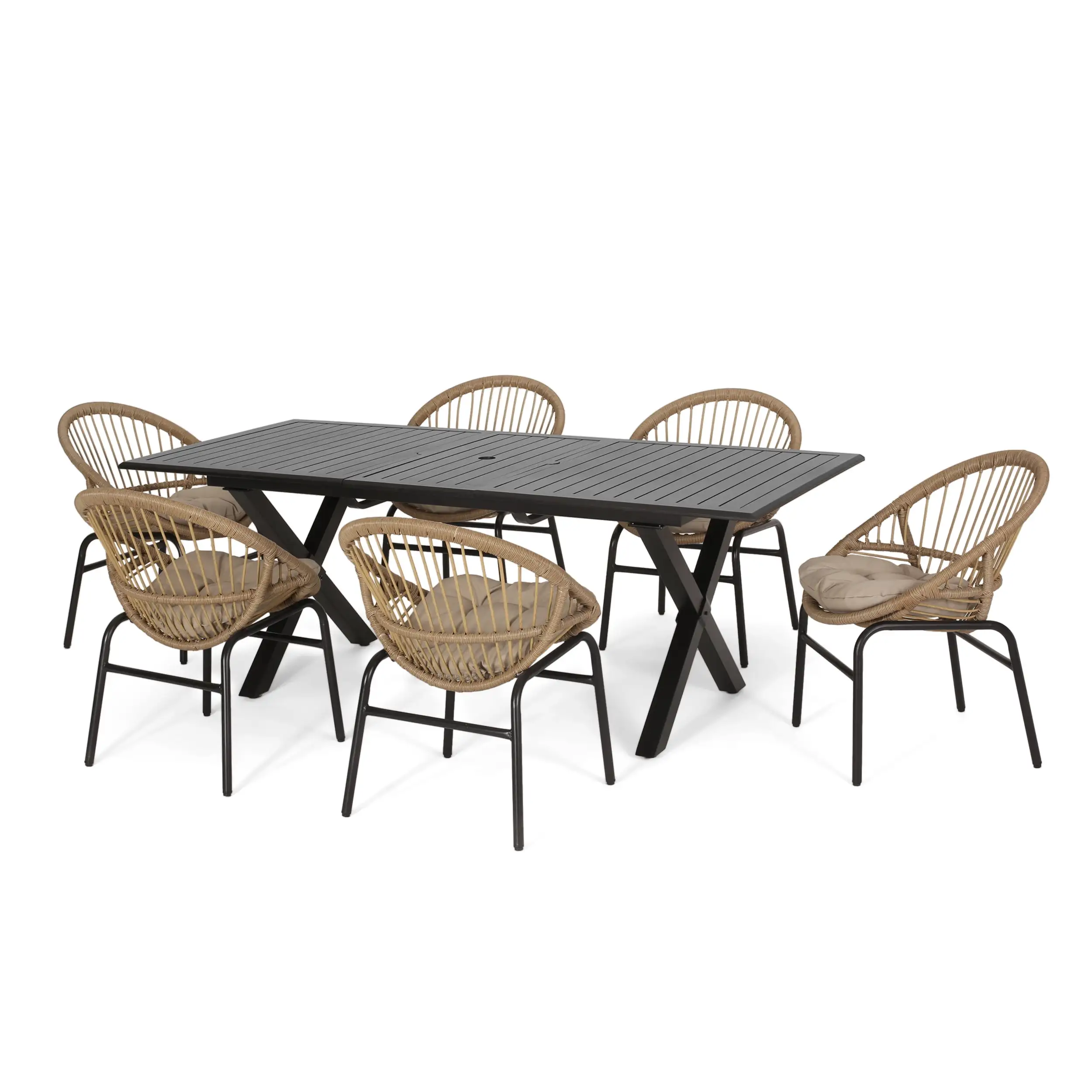 Sunapee Wicker and Aluminum Outdoor 7-Piece Expandable Dining Set with Cushion. Light Brown. Beige. and Matte Black