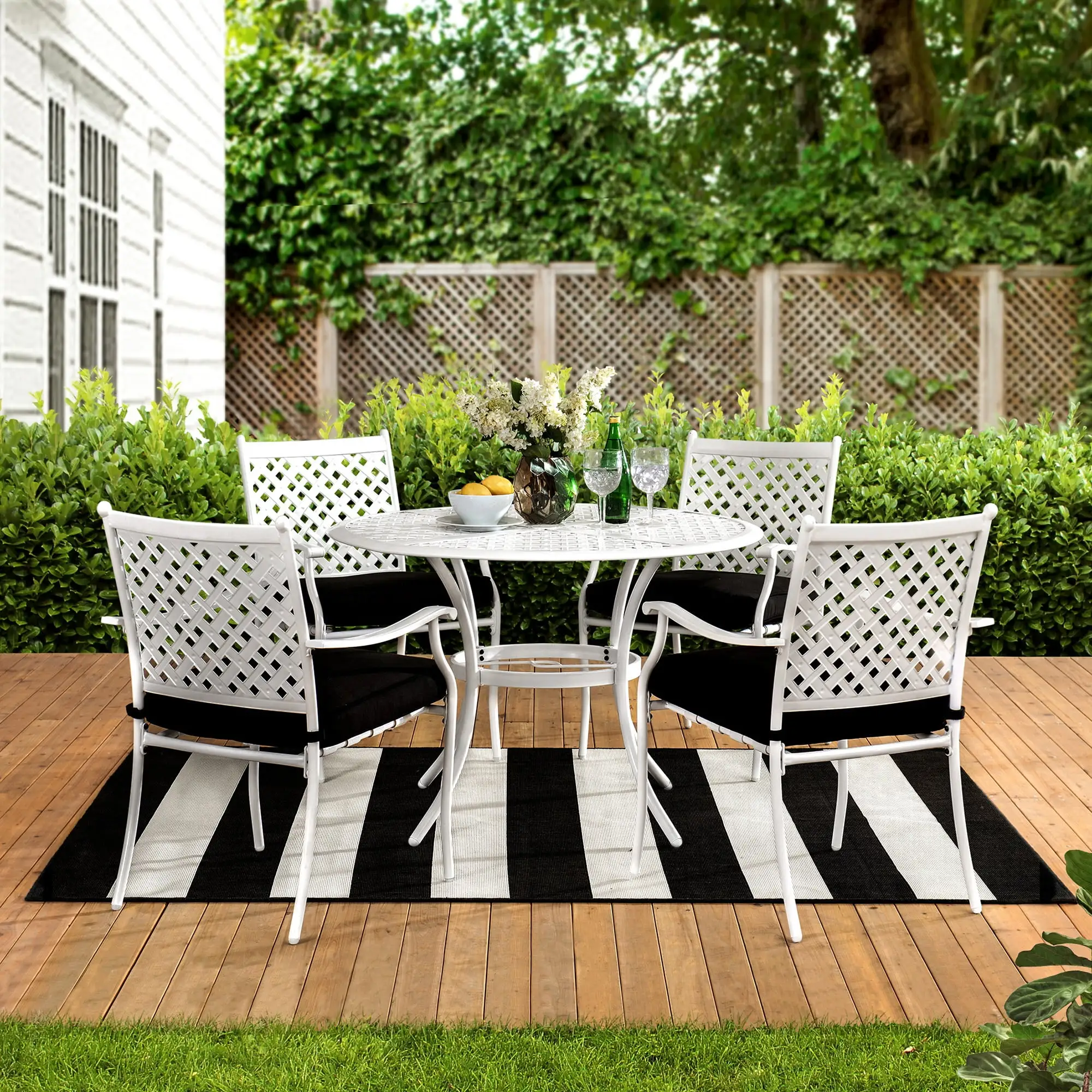 Sunjoy Minnesota Collection 5-piece White Steel Lattice Dining Set with Black Seat Cushions