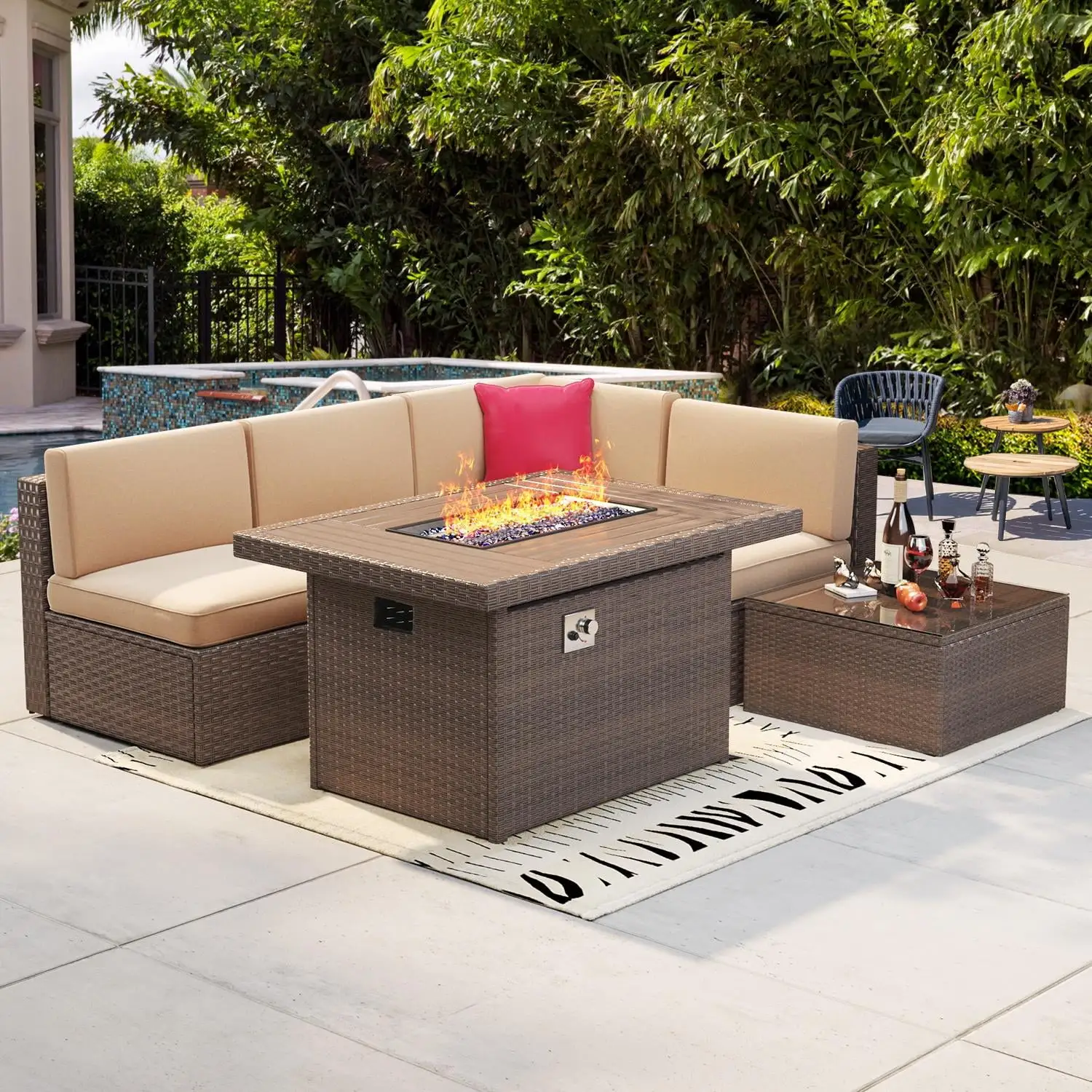 Sunmthink 5pcs Patio Conversation Set with Fire Pit Table. Outdoor PE Wicker Conversation Set with Tempered Glass Coffee Table.Brown