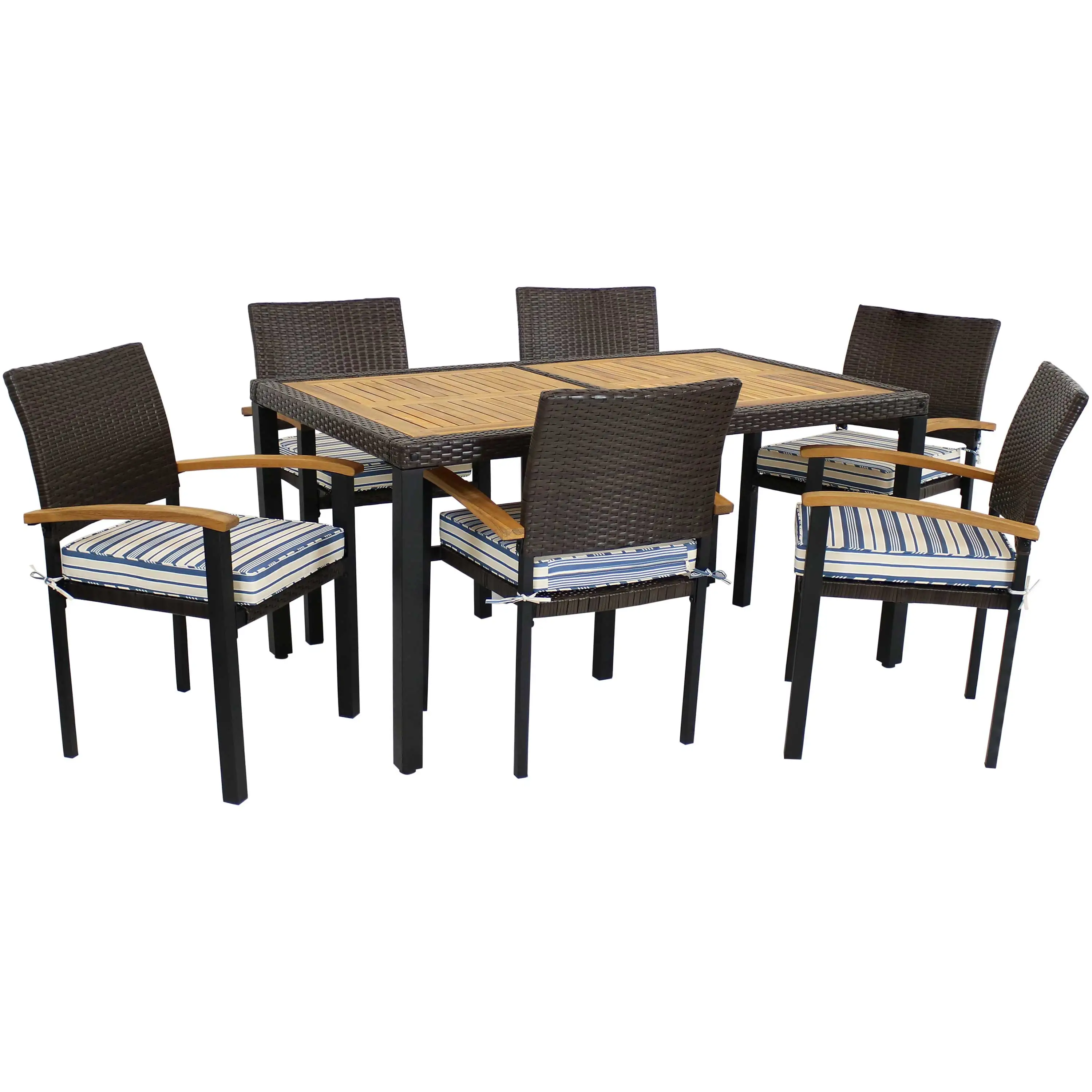 Sunnydaze Carlow 7-Piece Outdoor Dining Patio Set with Cushions - Dark Brown/Blue Stripe