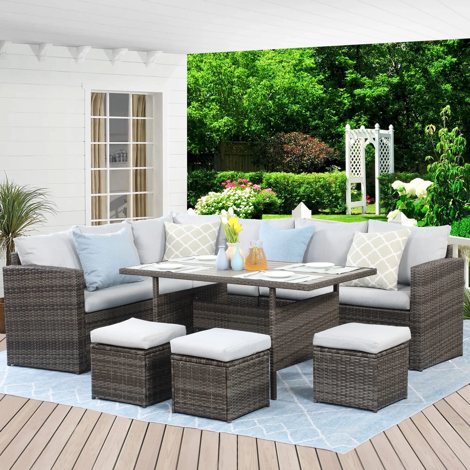 Superjoe 7 Pcs Outdoor Wicker Dining Set Patio Set with Table and Ottoman. Steel Frame. Gray