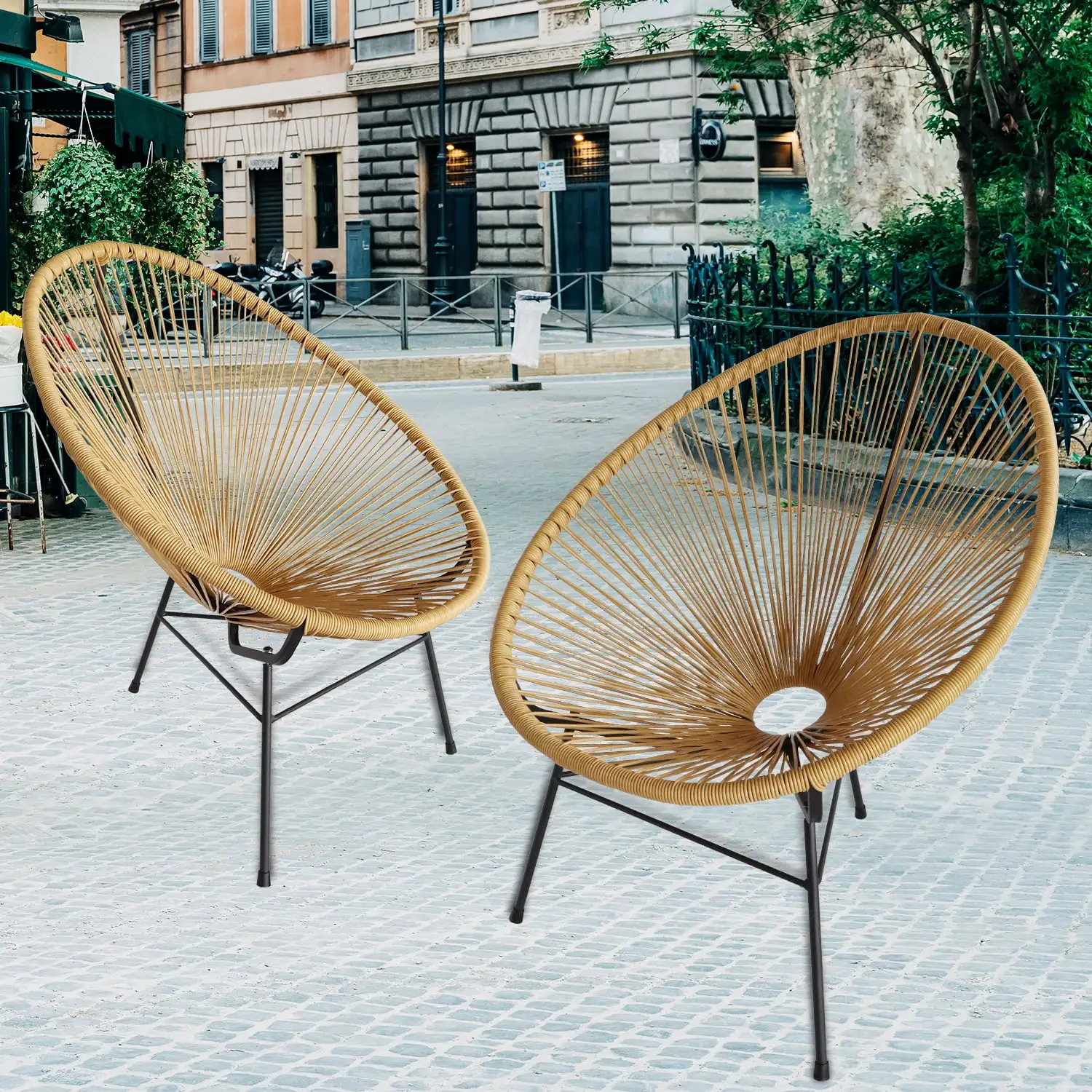 Suzicca Acapulco Chair Set of 2 All-Weather Patio Conversation Bistro Set with Flexible Rope and Heavy Duty Frame for Balcony. Porch. Garden .Beige