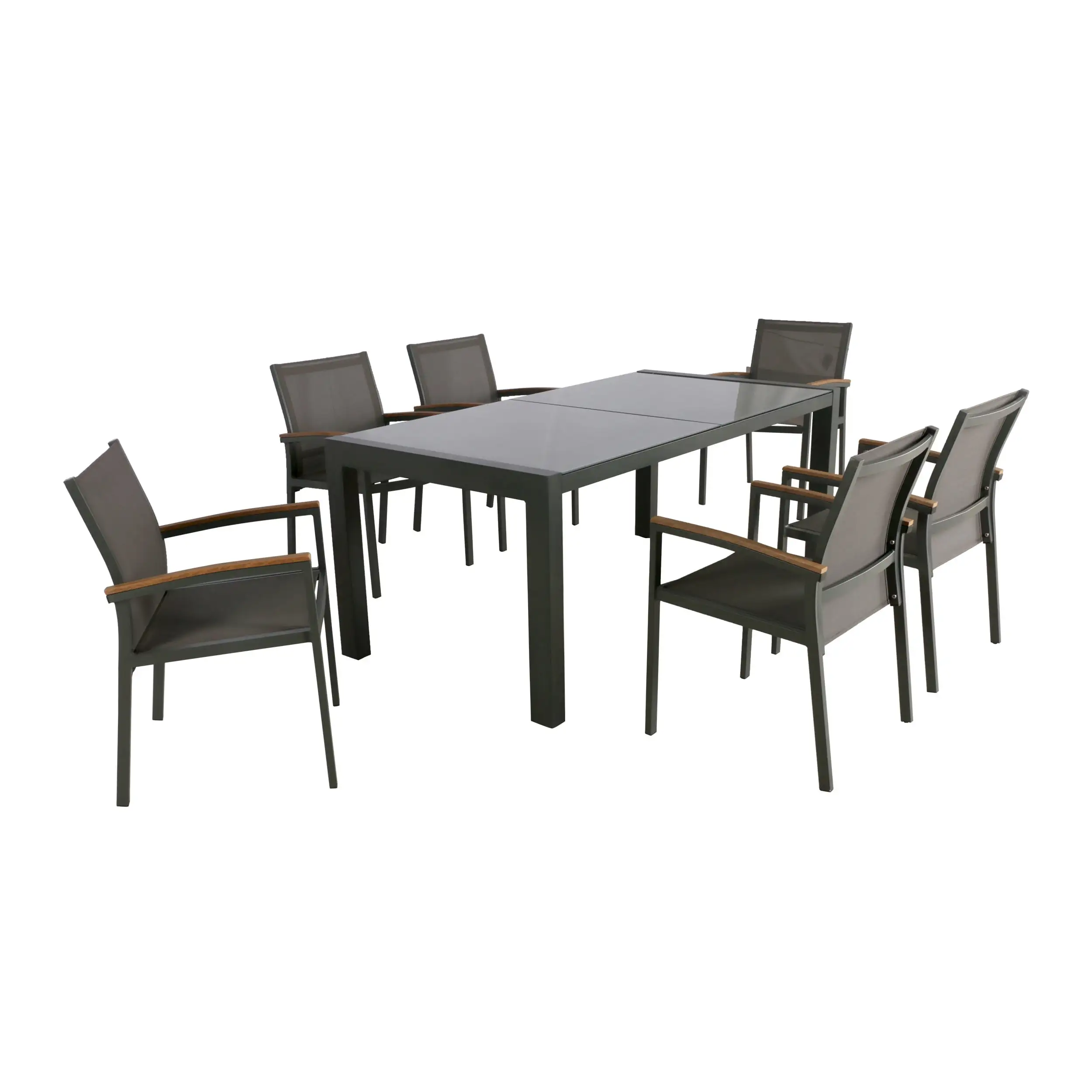 Swarthmore Outdoor 7 Piece Aluminum Dining Set with Glass Top. Gray Mesh