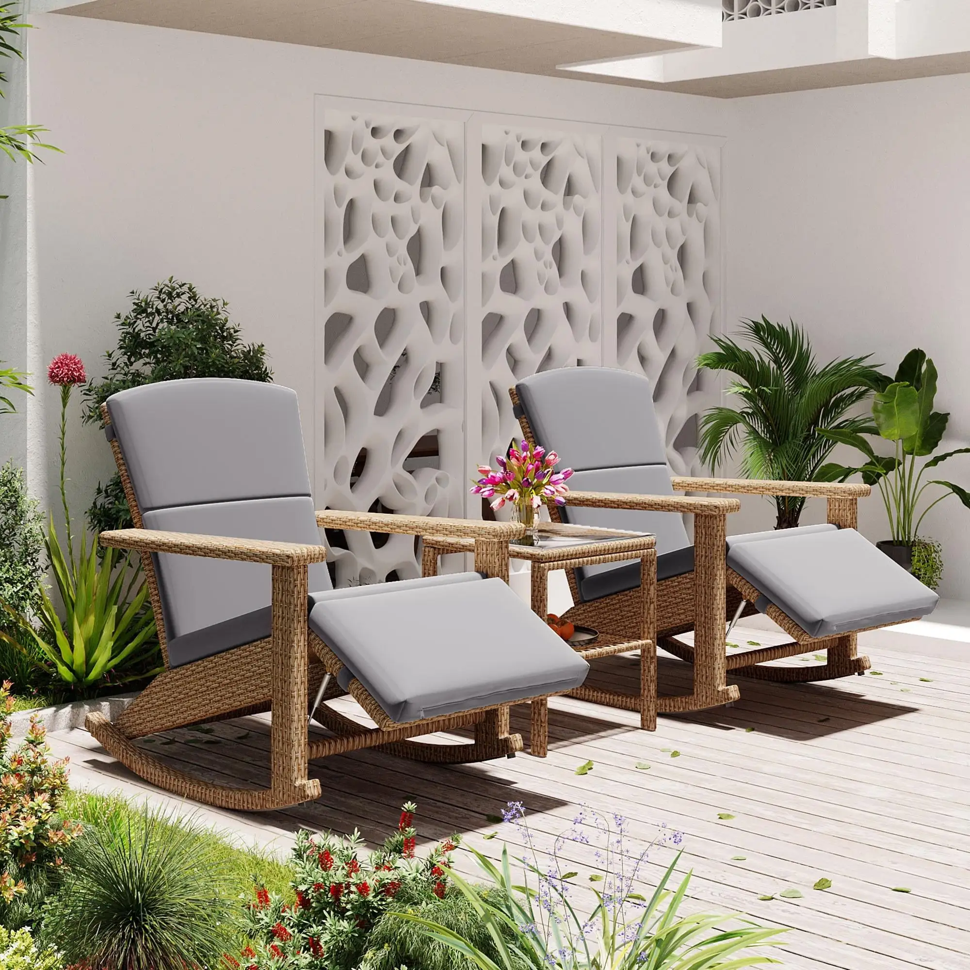 Syngar 3 Piece Outdoor Adjustable Rocking Chairs and Coffee Table Set. All Weather PE Wicker Patio Furniture Set with Gray Cushions for Backyard. Garden. Poolside. Deck