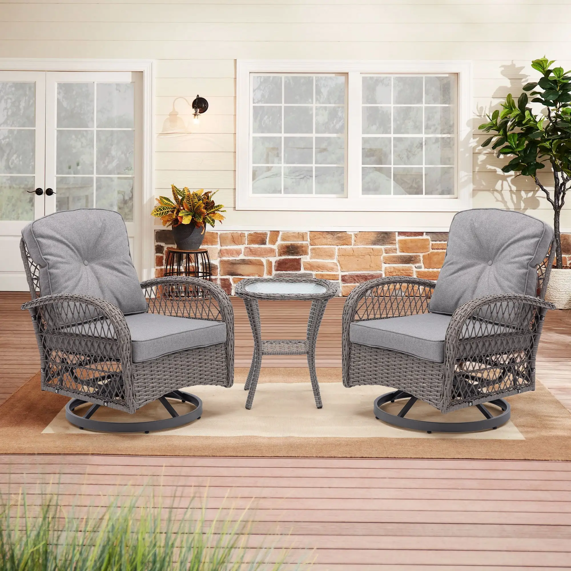 Syngar 3 Piece Patio Swivel Furniture Set. Swivel Bistro Set with Coffee Table. All Weather Conversation Chairs with Gray Cushions. Outdoor Furniture Set for Backyard. Poolside. Garden. D8000