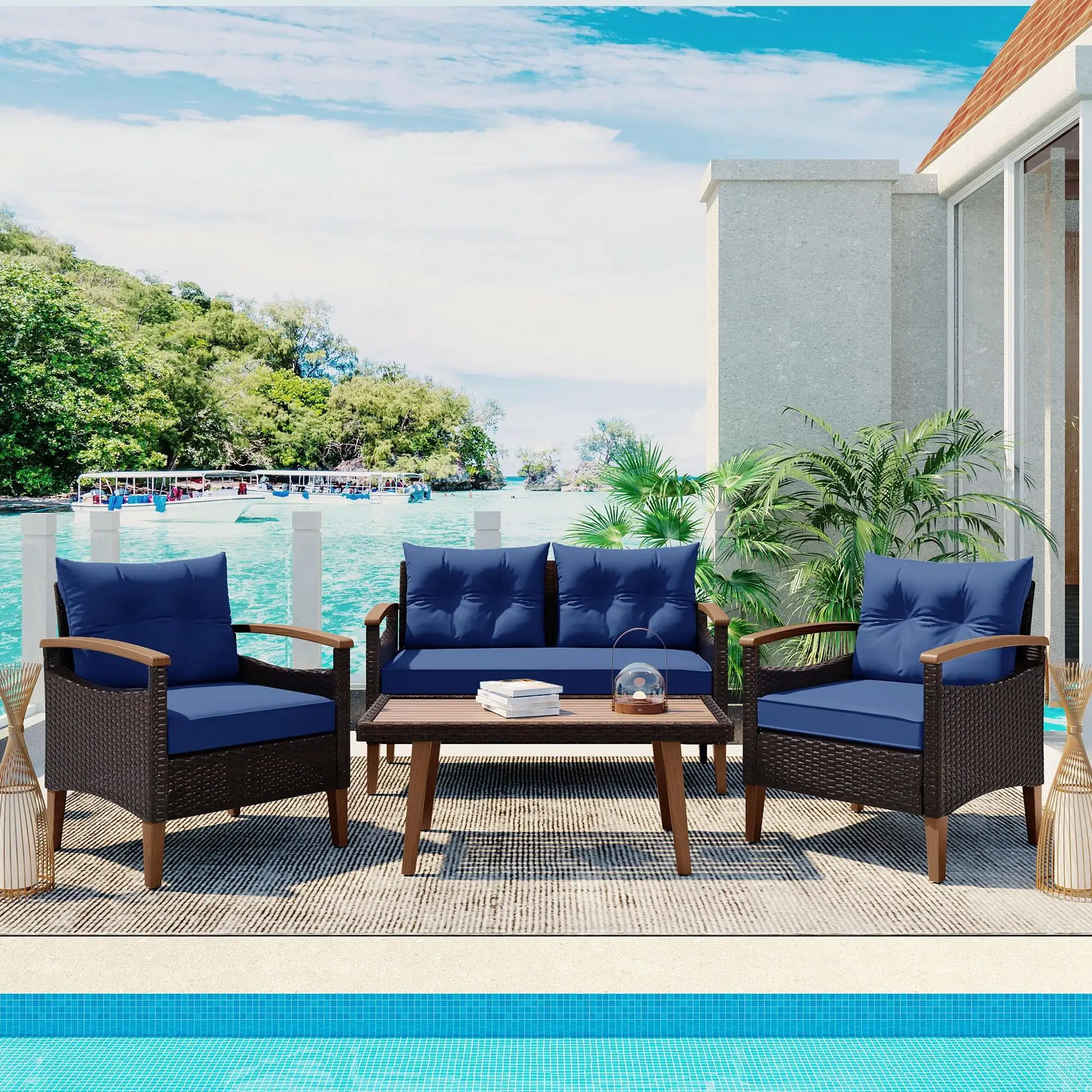 Syngar 4 Piece Patio Furniture Sets. Outdoor Sectional Sofa Sets with Blue Cushions. All Weather PE Wicker Chairs Set. Conversation Set with Wood Coffee Table for Yard Poolside Garden