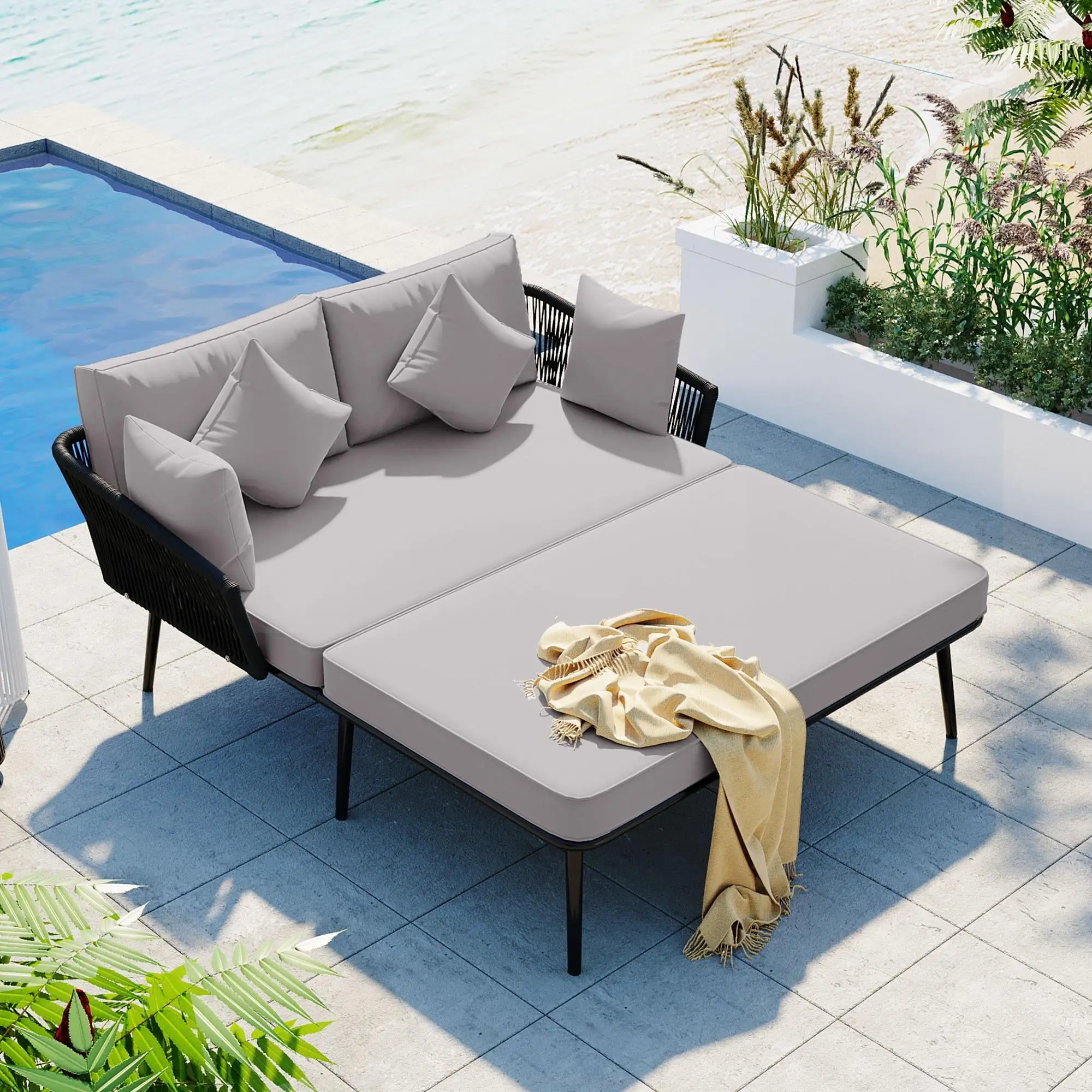 Syngar Patio Sunbed for 2. Outdoor All Weather Double Chaise Bed with Woven Nylon Rope Backrest. Lounge Chaise Conversation Set with Gray Seat Cushions and Pillow. for Yard Deck Pool