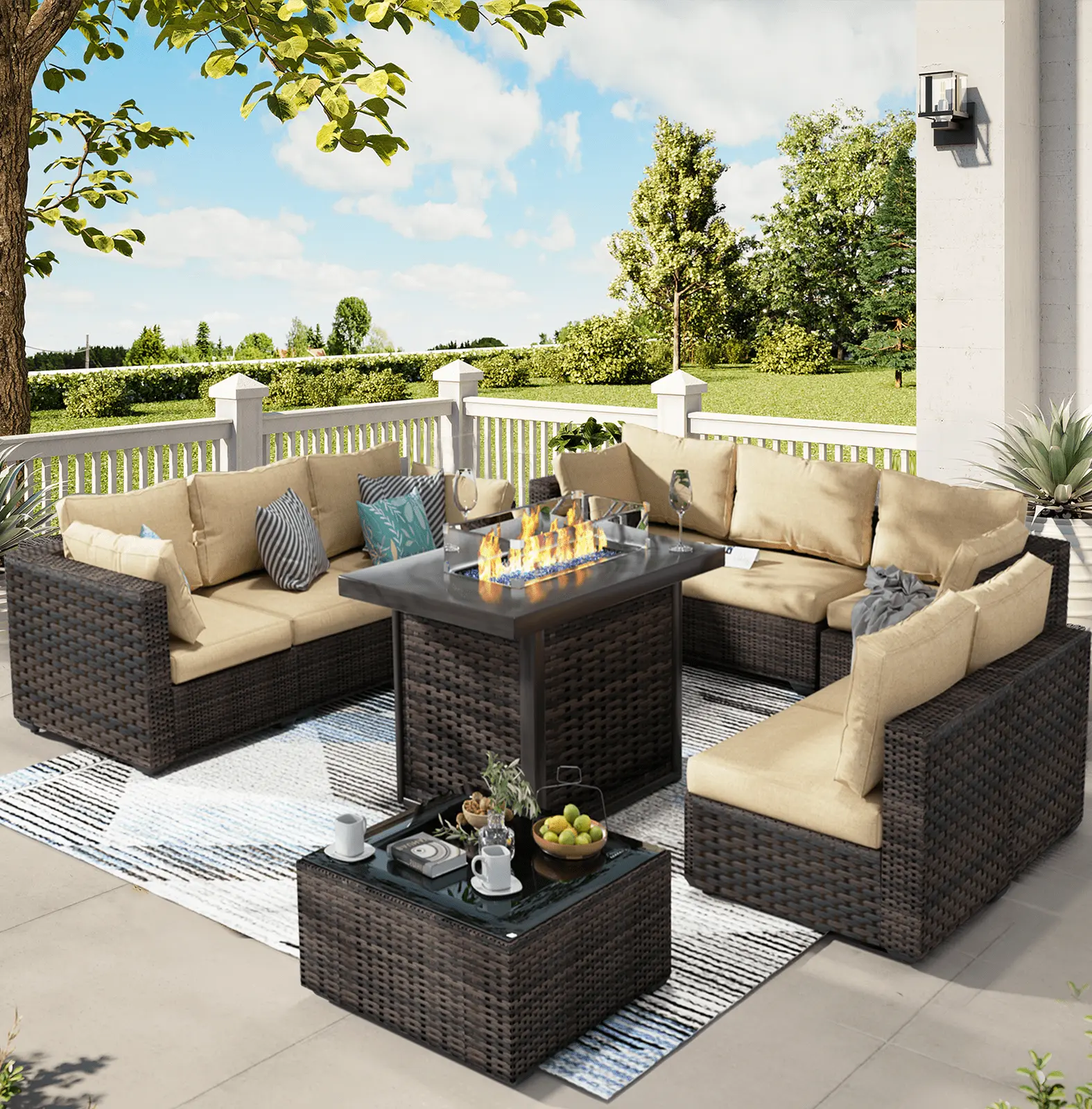 TANGJEAMER 10 Piece Patio Furniture Set with Fire Pit Table. All Weather Outdoor Sectional PE Rattan. Patio Conversation Sets with Cushions and Glass Coffee Table for Garden Lawn Balcony. Beige