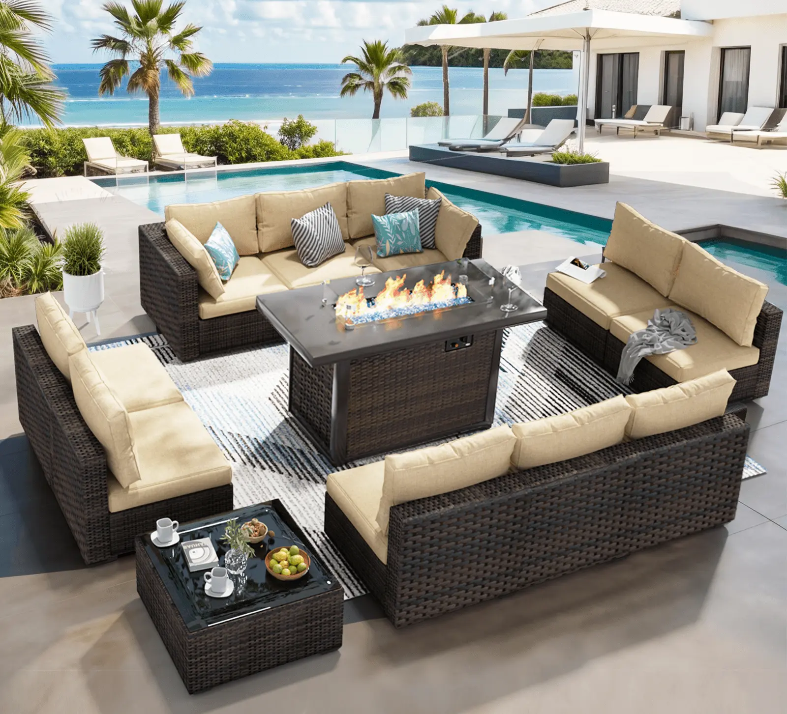 TANGJEAMER 12 Piece Patio Furniture Set with Fire Pit Table. All Weather Outdoor Sectional PE Rattan. Patio Conversation Sets with Cushions and Glass Coffee Table for Garden Lawn Balcony