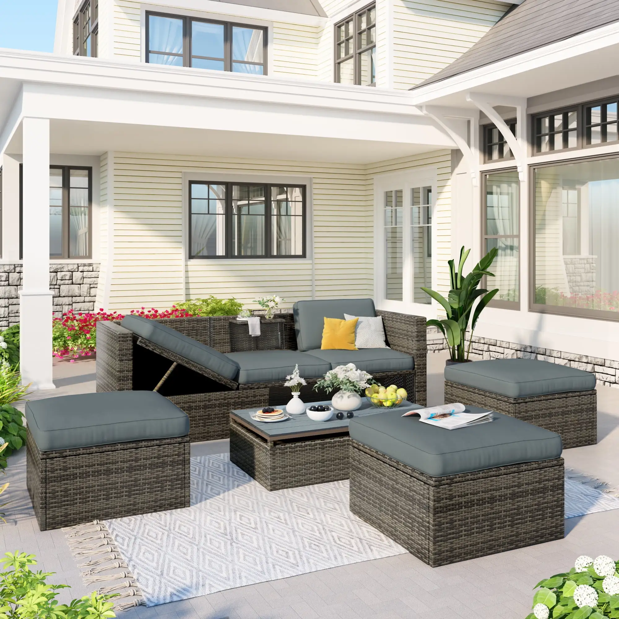 TANSTC Gray 5-Piece Wicker Outdoor Sectional Set with Gray Cushions and Lift Top Coffee Table.Adustable Backrest. Cushions. Ottomans