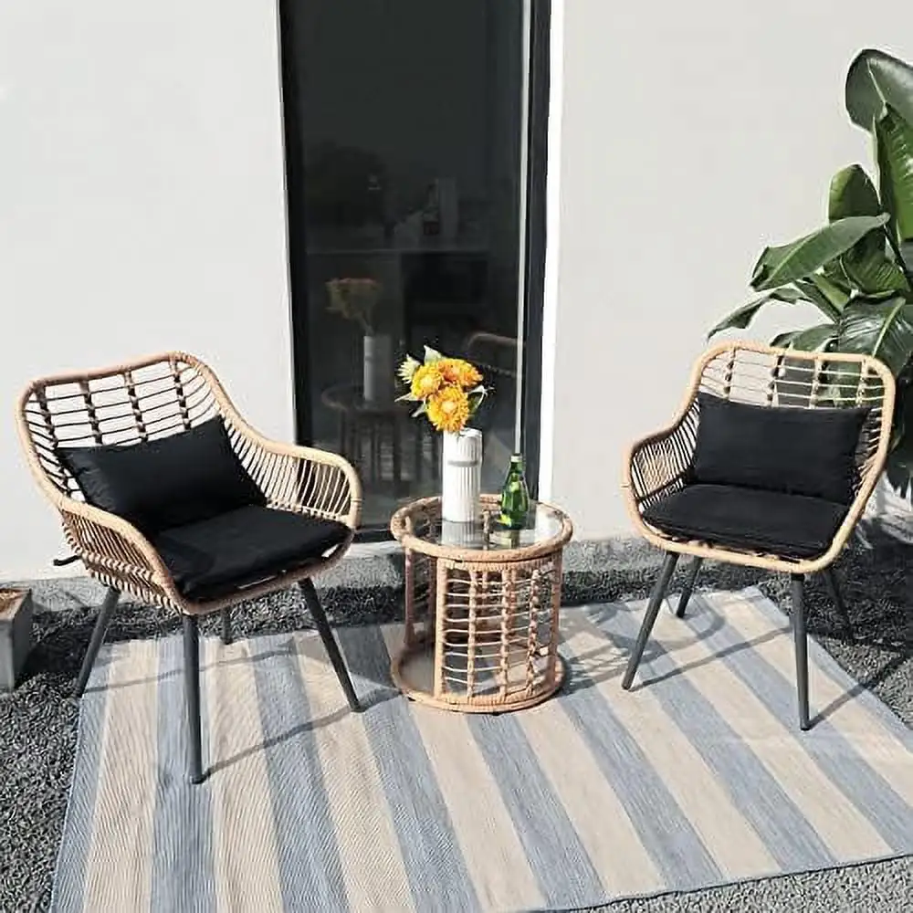 TQNJYGX 3 Piece Outdoor Wicker Patio Rattan Conversation Set with Round Glass Top Coffee Cushions and Lumbar Pillows for Porch Backyard Deck