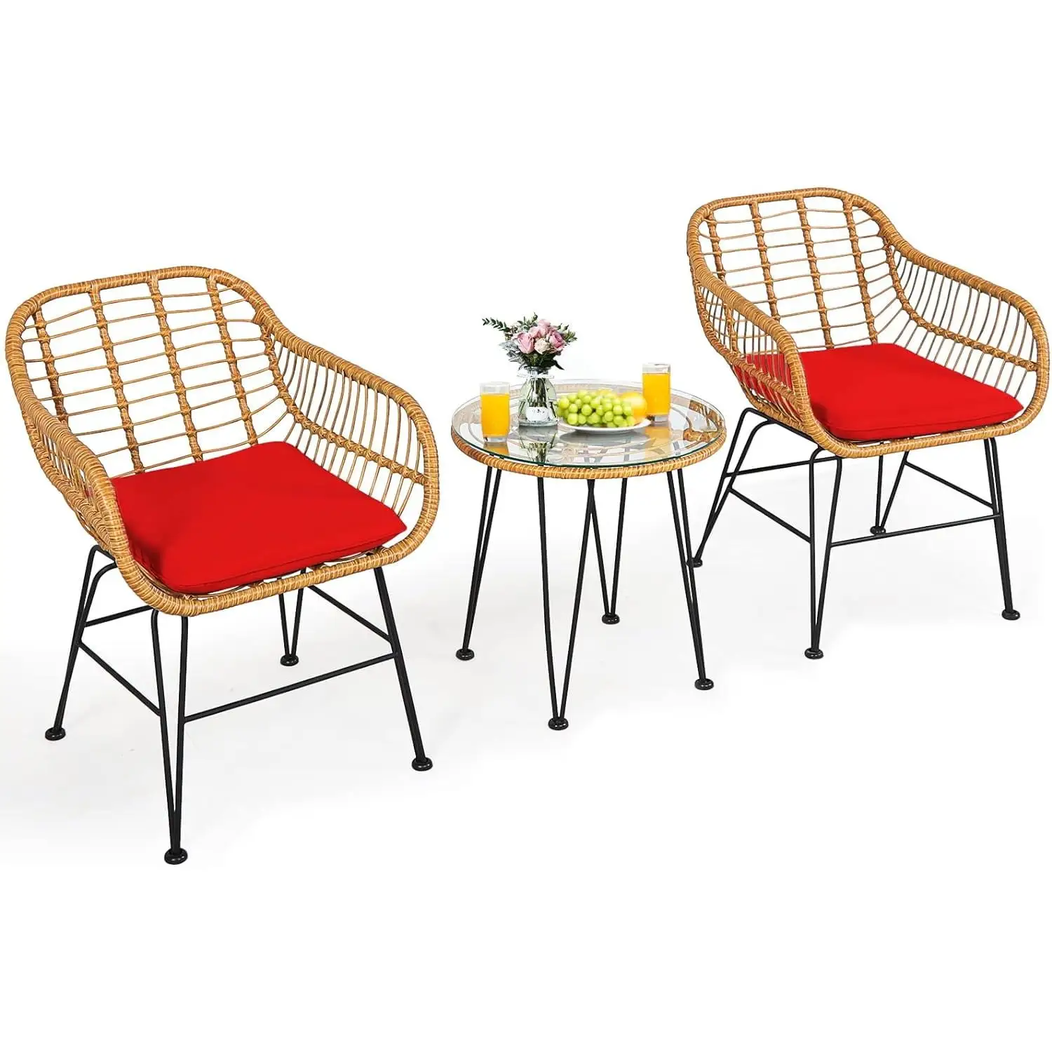 Tangkula 3 Pieces Patio Bistro Set. Rattan Conversation Set with 2 Cushioned Armchairs & Round Glass Coffee Table. Indoor Outdoor Wicker Furniture Set for Balcony. Backyard. Garden. Poolside (Red)