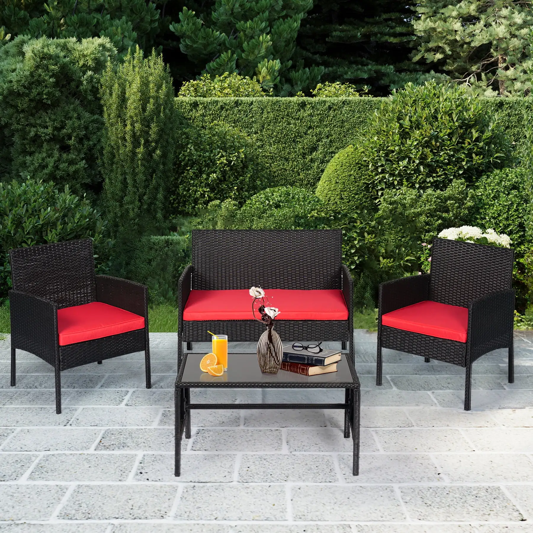 Tappio 4 Piece Patio Conversation Wicker Furniture Set. Outdoor Patio Sectional Furniture Set w/Glass-Top Coffee Table & Cushions. Cushioned Sofa Table for Patio. Red