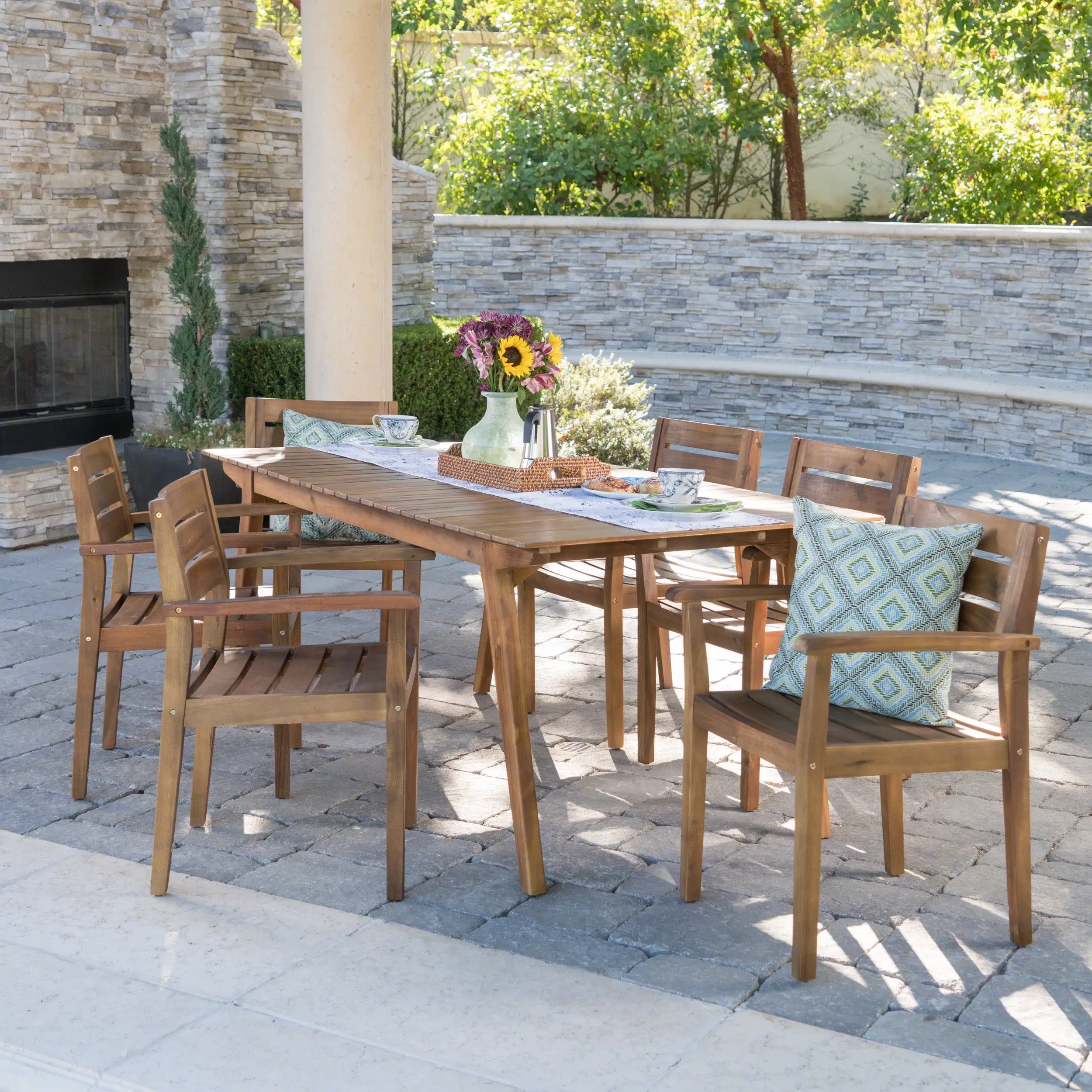 Tarley Outdoor 7 Piece Acacia Wood Dining Set. Teak Finish