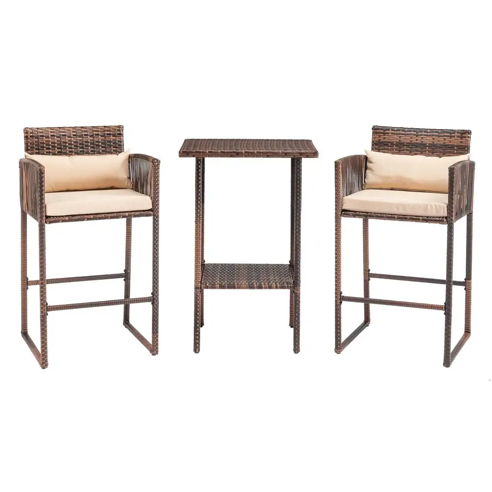 Tcbosik Outdoor 3 Piece Patio Bar Set. Rattan High Bar Stools for 2 with Cushions. Armrest and Backrest. Wicker Bar Table with Storage Shelf. Brown