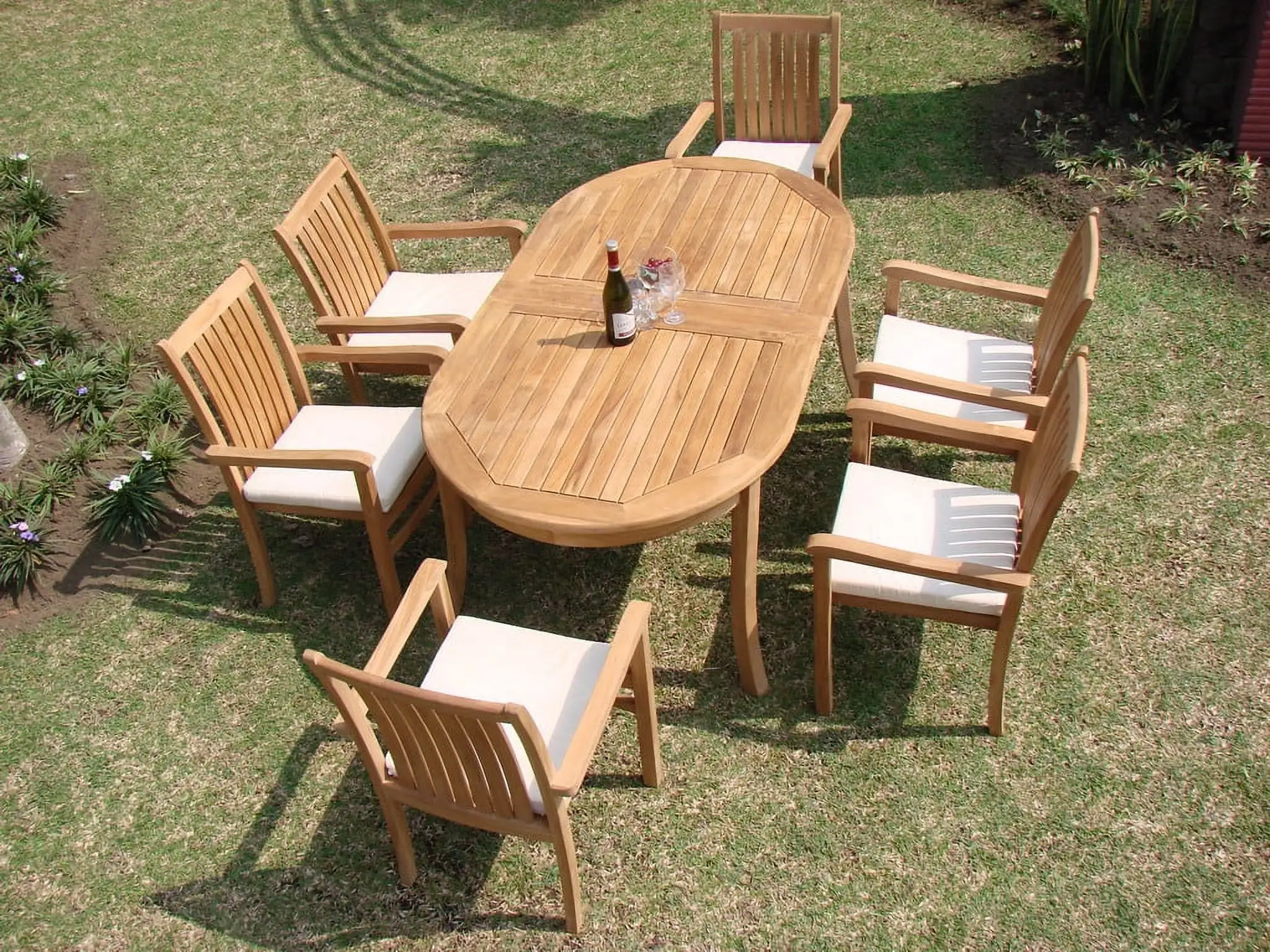 Teak Dining Set:6 Seater 7 Pc - 94 Oval Table And 6 Cahyo Stacking Arm Chairs Outdoor Patio Grade-A Teak Wood WholesaleTeak #WMDSCH6