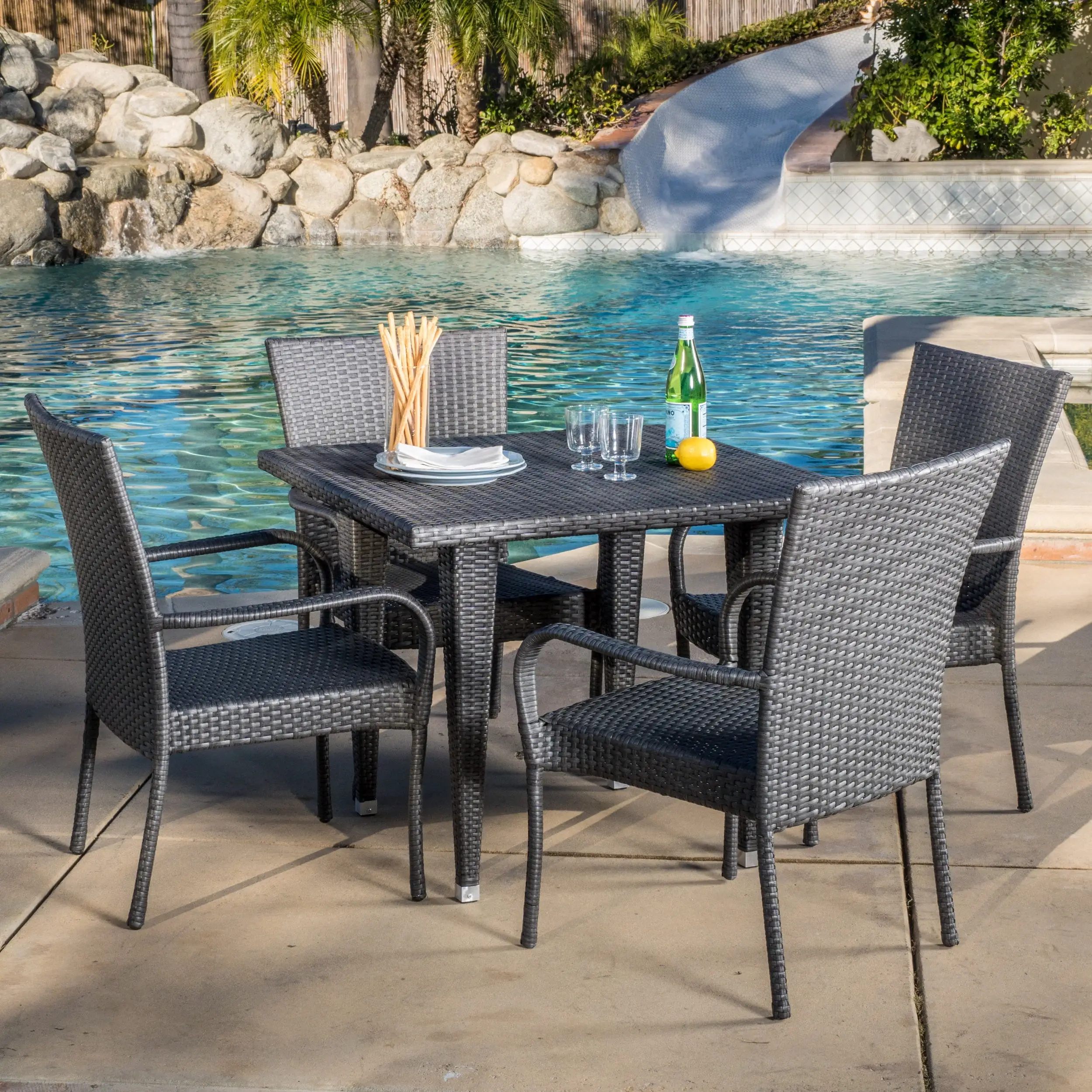 Thomas 5 Piece Outdoor Wicker Square Dining Set. Grey