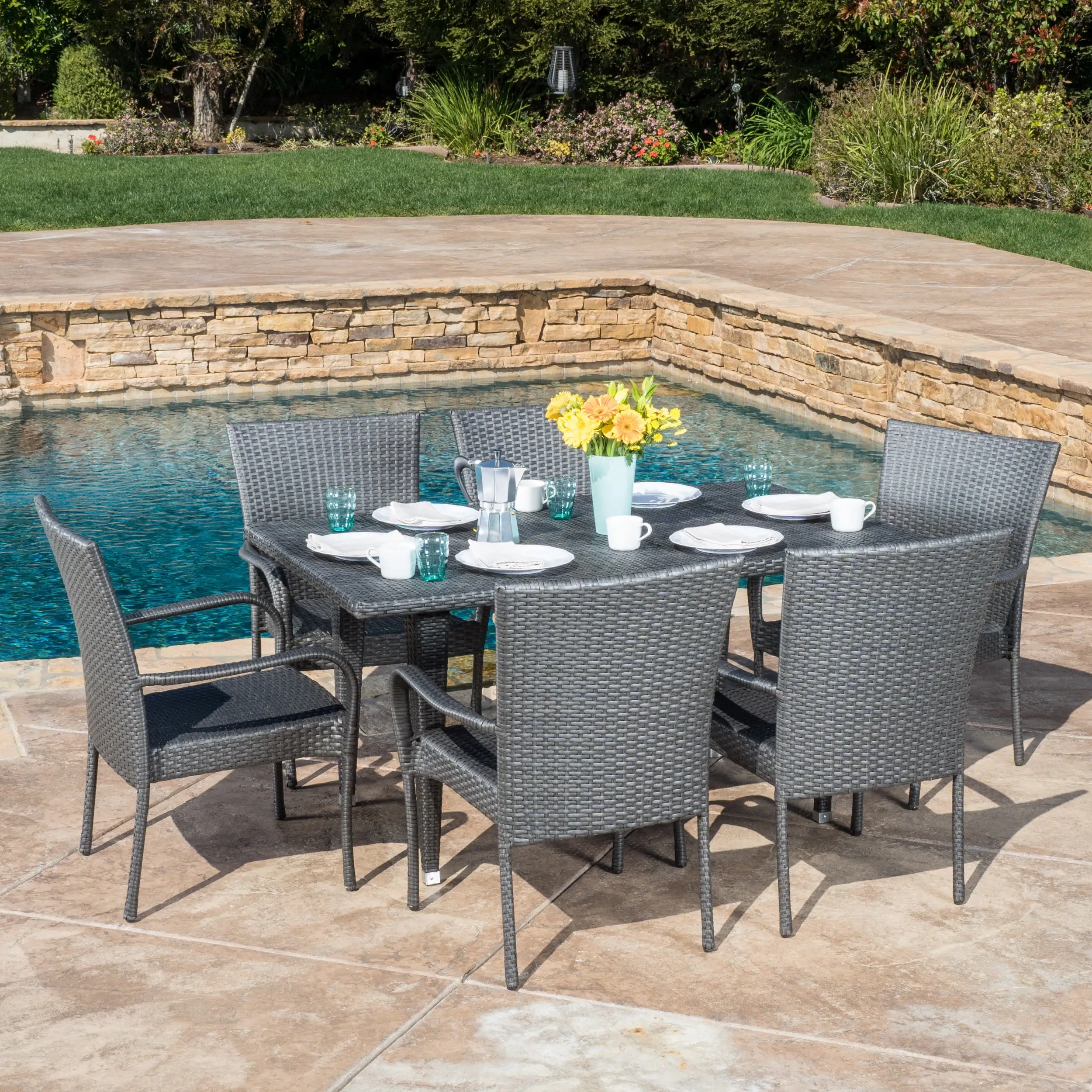 Thomas 7 Piece Outdoor Wicker Rectangular Dining Set. Gray