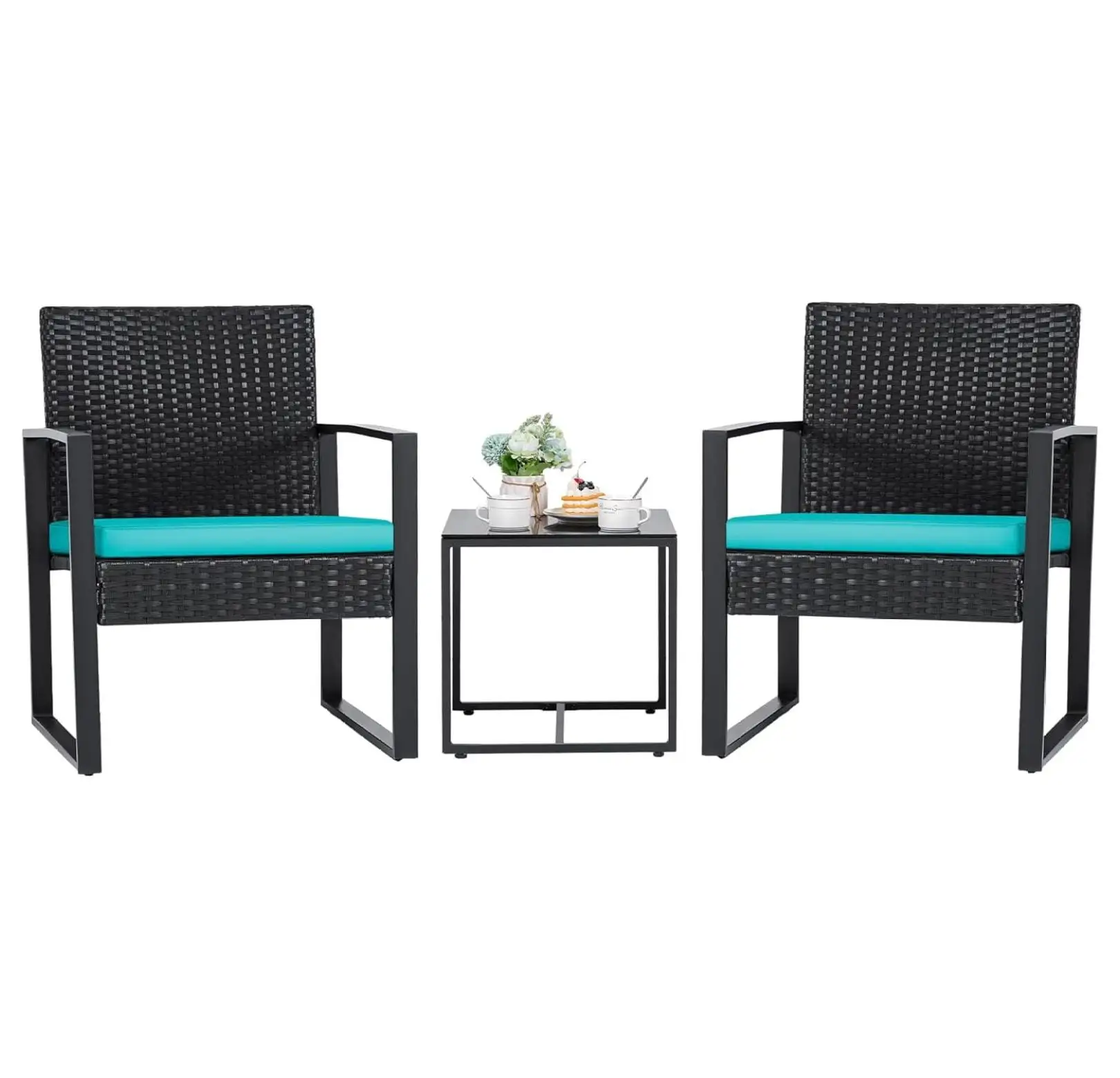 TiaGOC 3 Pieces Patio Set Outdoor Wicker Furniture. Modern Bistro Set Rattan Chair Conversation Sets with Coffee Table for Yard (Blue)