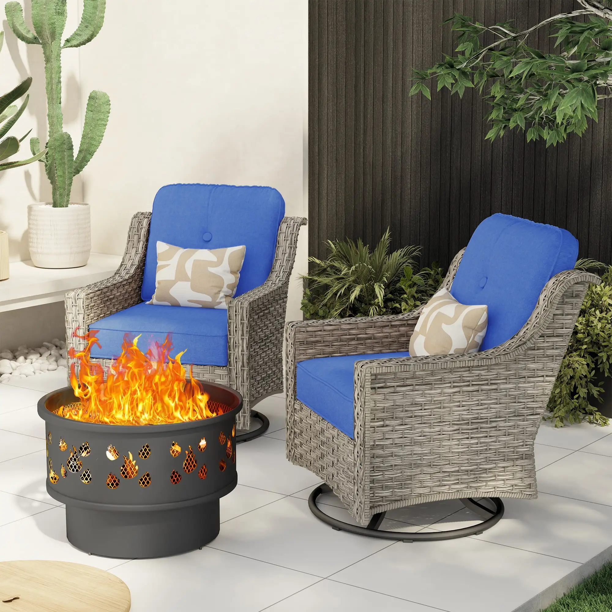 Toject 3 Pieces Patio Fire Pit Set High-Back All Weather Wicker Chairs with Wood Fire Pit.Navy Blue