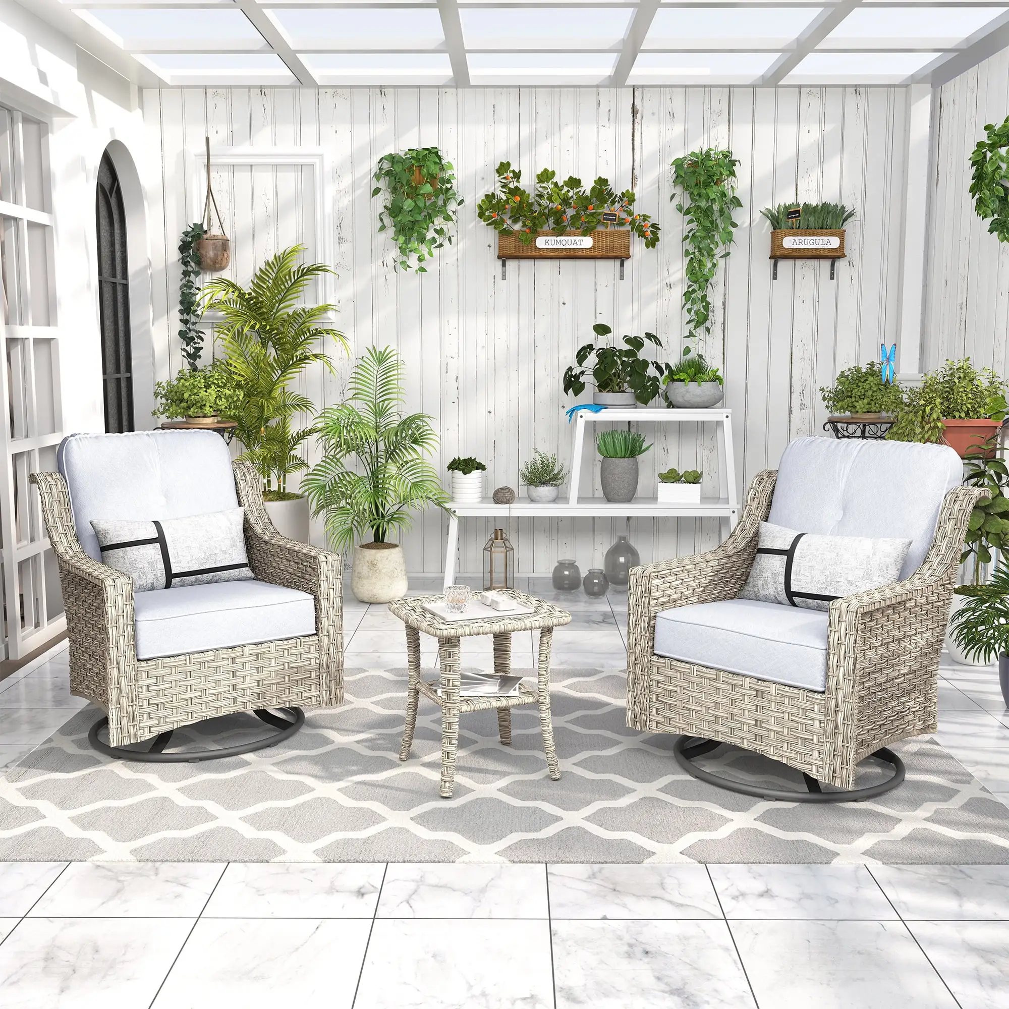 Toject 3 Pieces Patio Glider Chair Set High-Back All Weather Wicker Swivel Rocking Chairs with Side Table.Gray