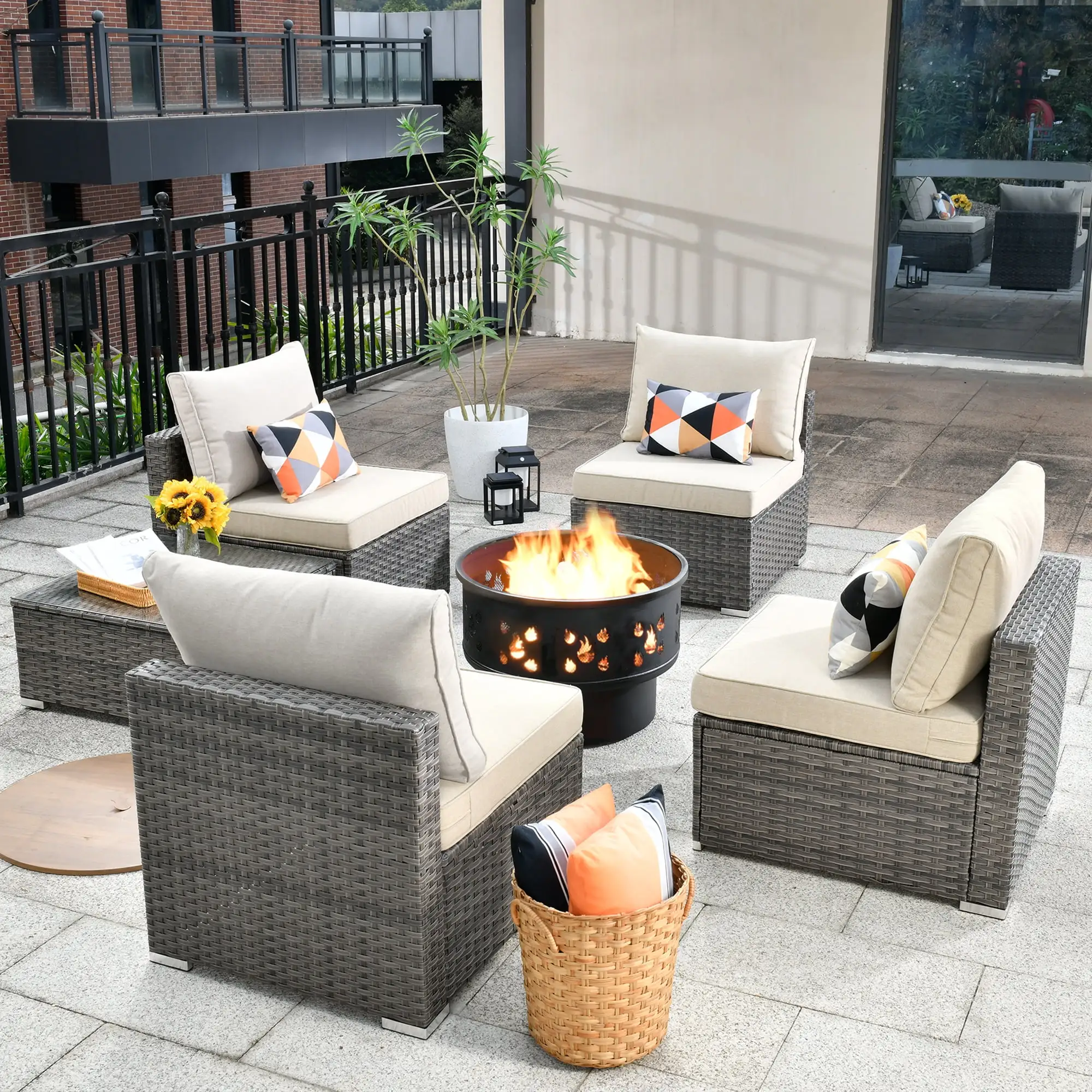 Toject 6 Pieces Patio Fire Pit Set Outdoor All Weather Wicker Conversation Set with Wood Burning Fire Pit.Beige