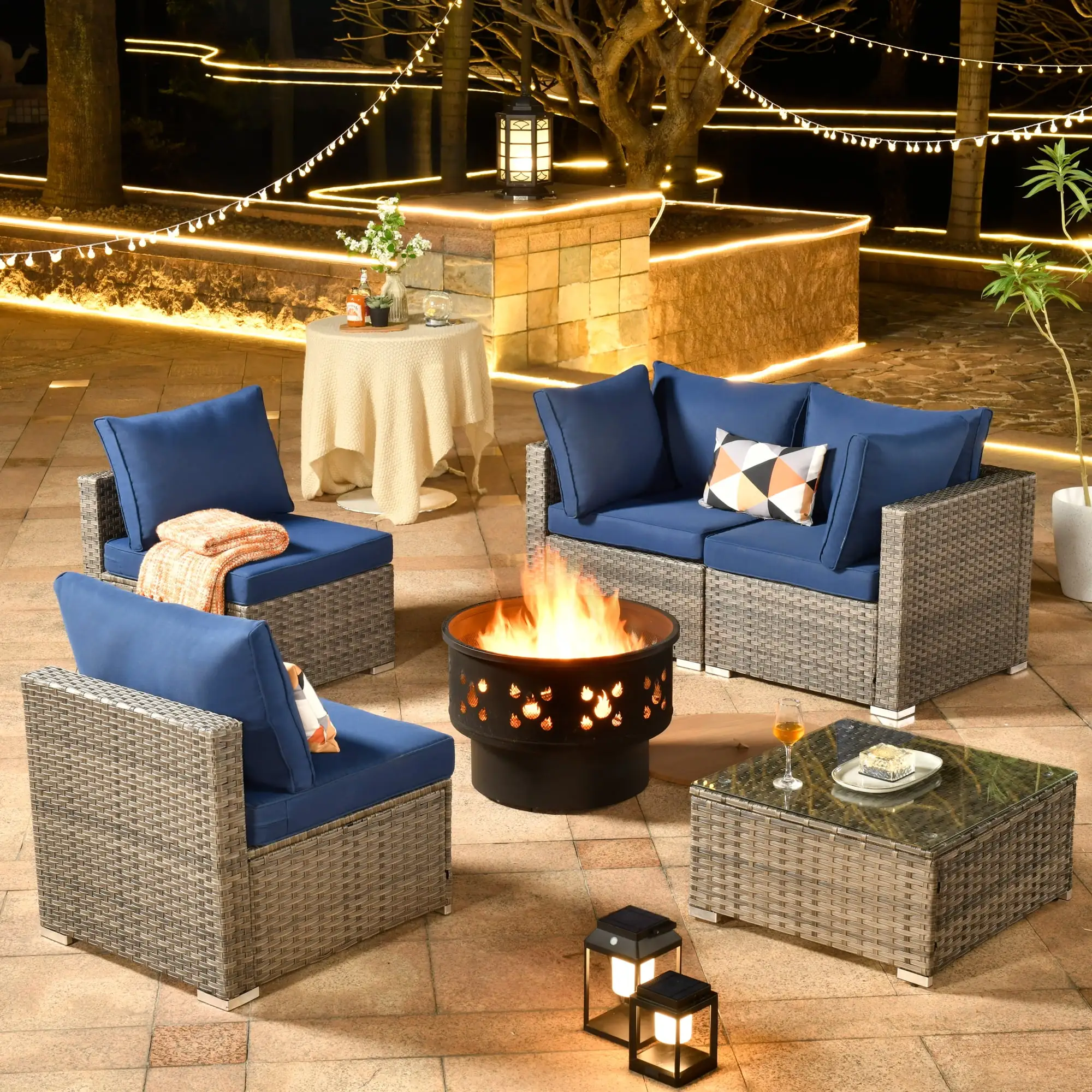 Toject 6 Pieces Patio Fire Pit Set Outdoor All Weather Wicker Conversation Set with Wood Burning Fire Pit and Side Table.Navy Blue