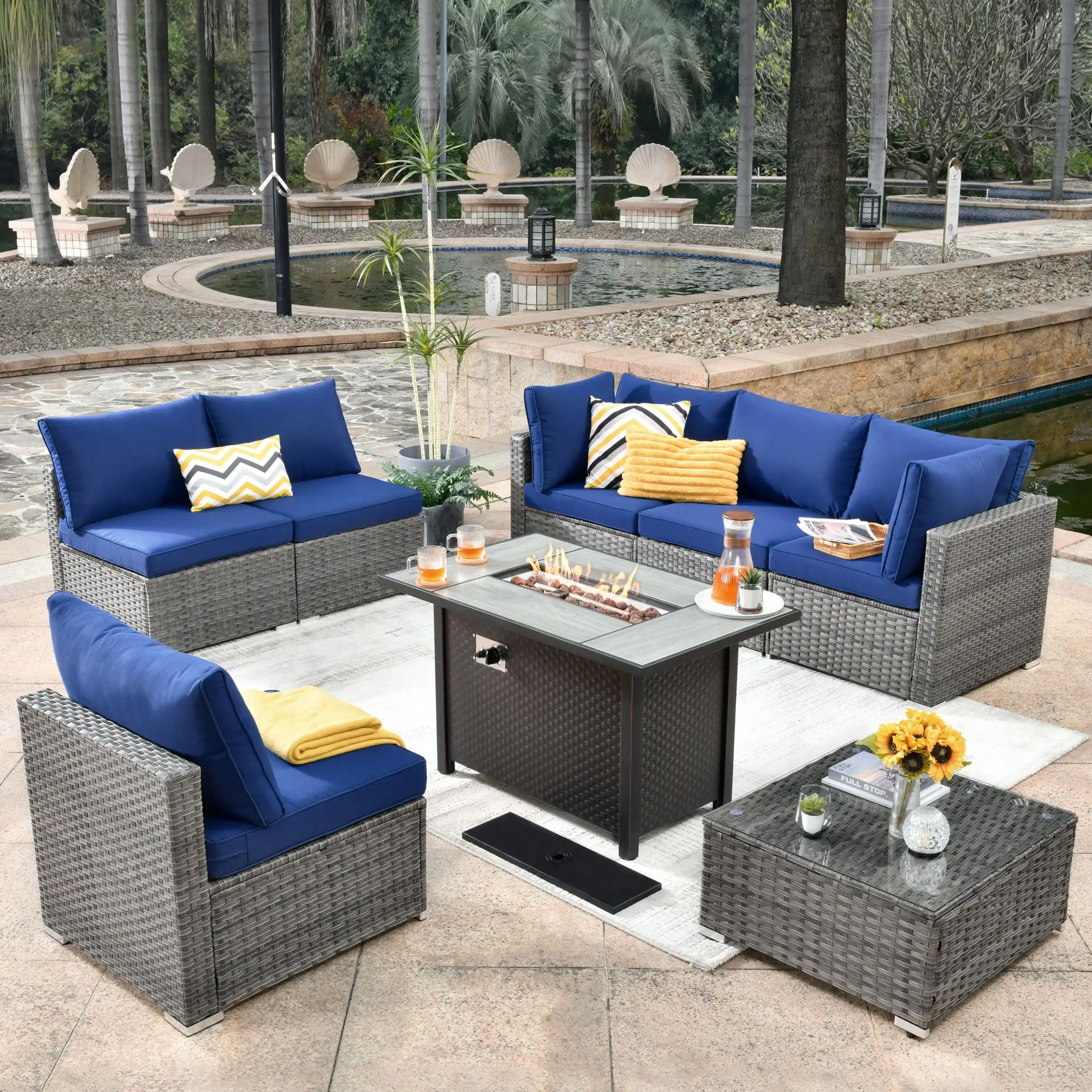 Toject 8 Pieces Patio Fire Pit Set All Weather Wicker Outdoor Conversation Set with Side Table.Navy Blue