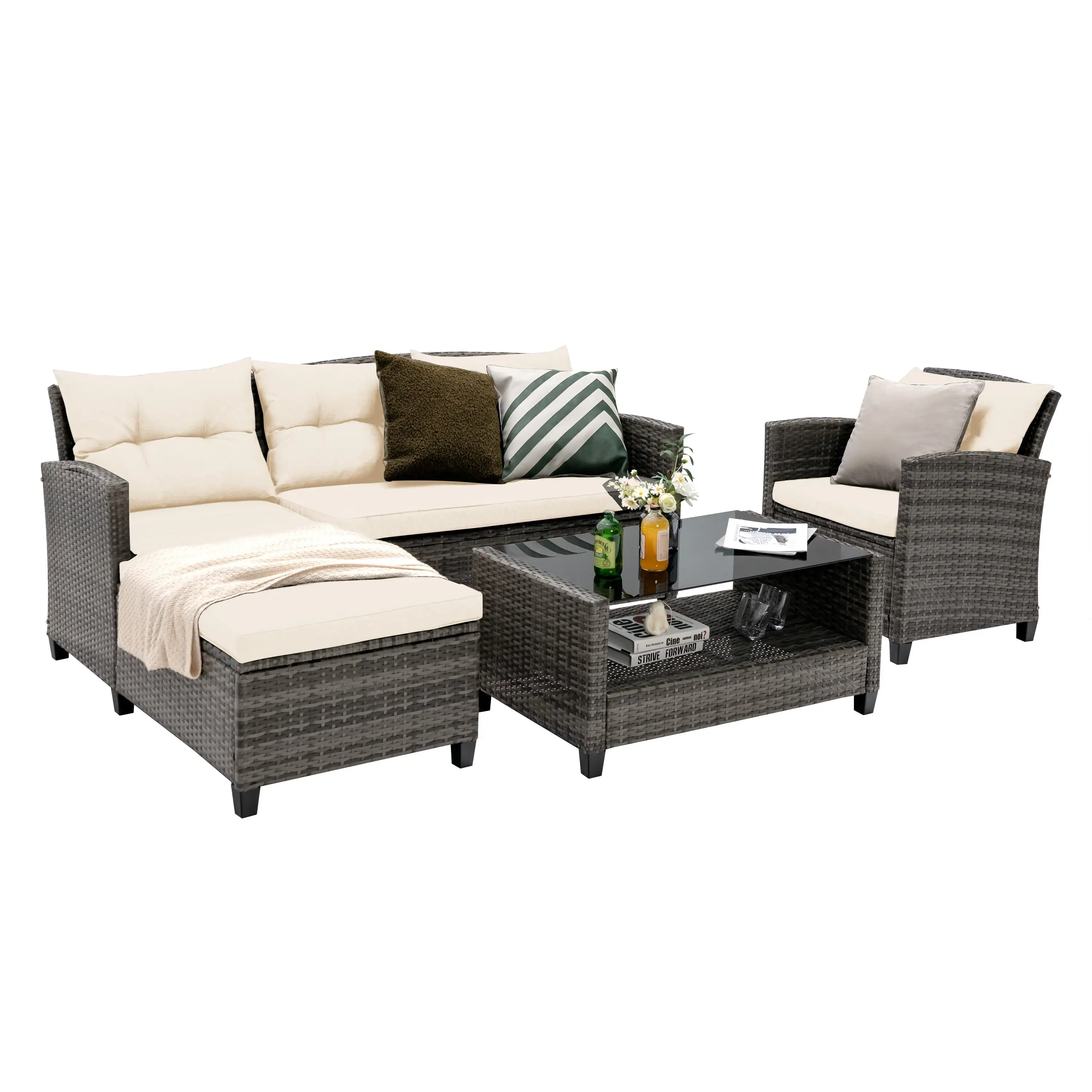 Topbuy 4 Piece Patio Rattan Set Outdoor Wicker Conversation Set w/ Lounge Sofa 2-Tier Coffee Table Tempered Glass Tabletop