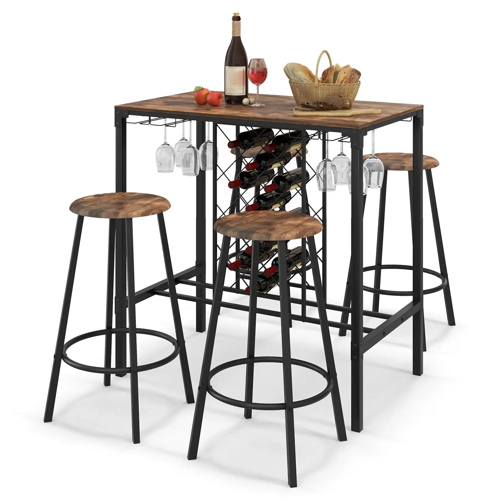 Topbuy 5-Piece Bar Height Dining Set 4-Person Bar Table and Stools Set with Wine Racks & Glass Holders Home Kitchen Breakfast Table Set